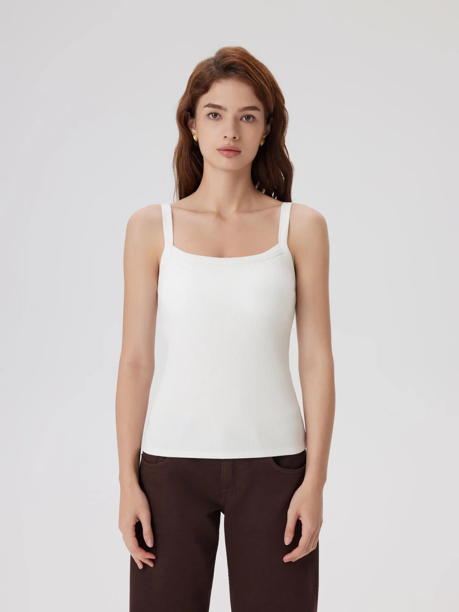 Cotton Rib Square Neck Padded Tank Tops-SUUKSESS-White-XS-SUUKSESS