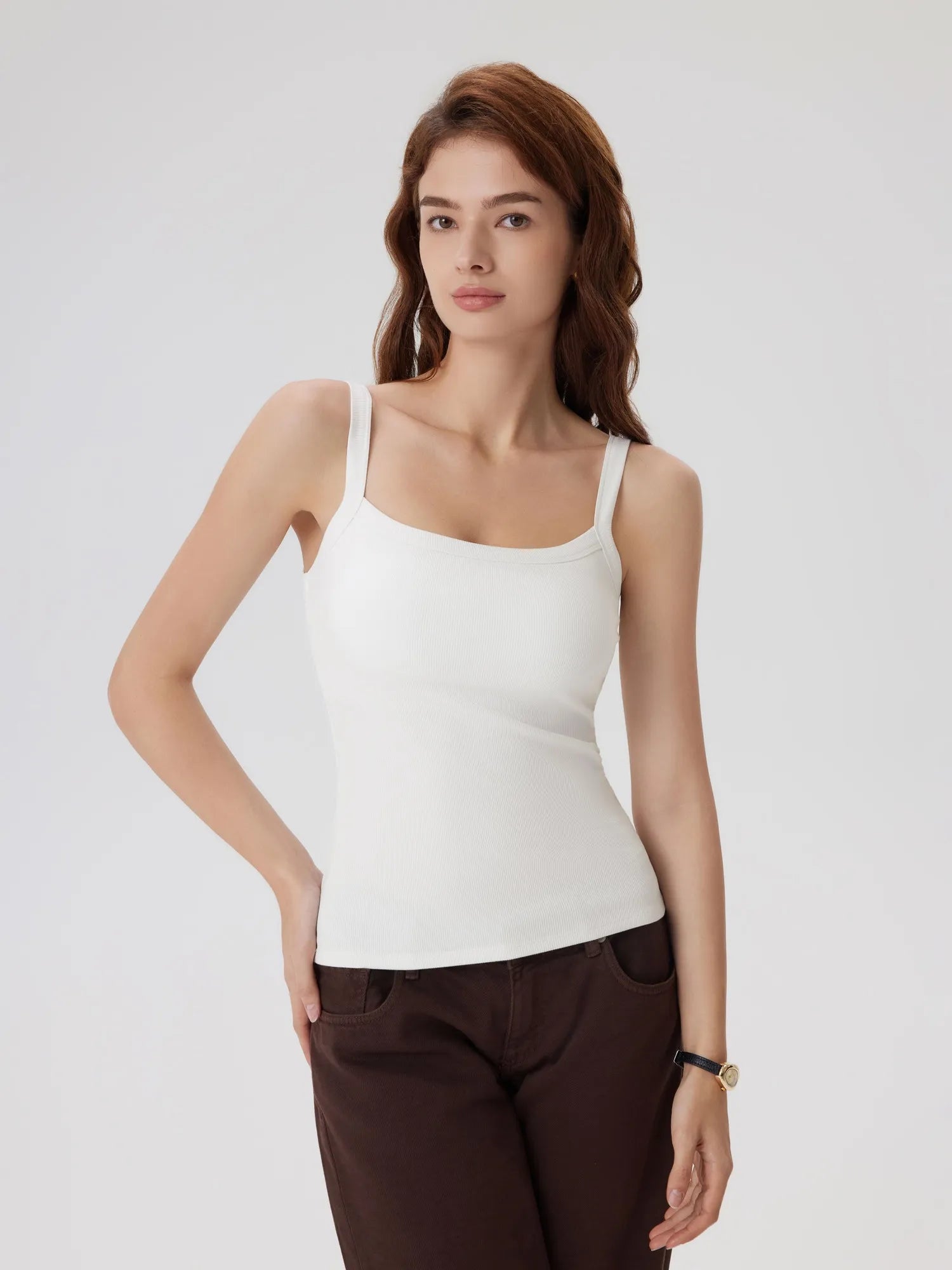 Cotton Rib Square Neck Padded Tank Tops-SUUKSESS-SUUKSESS