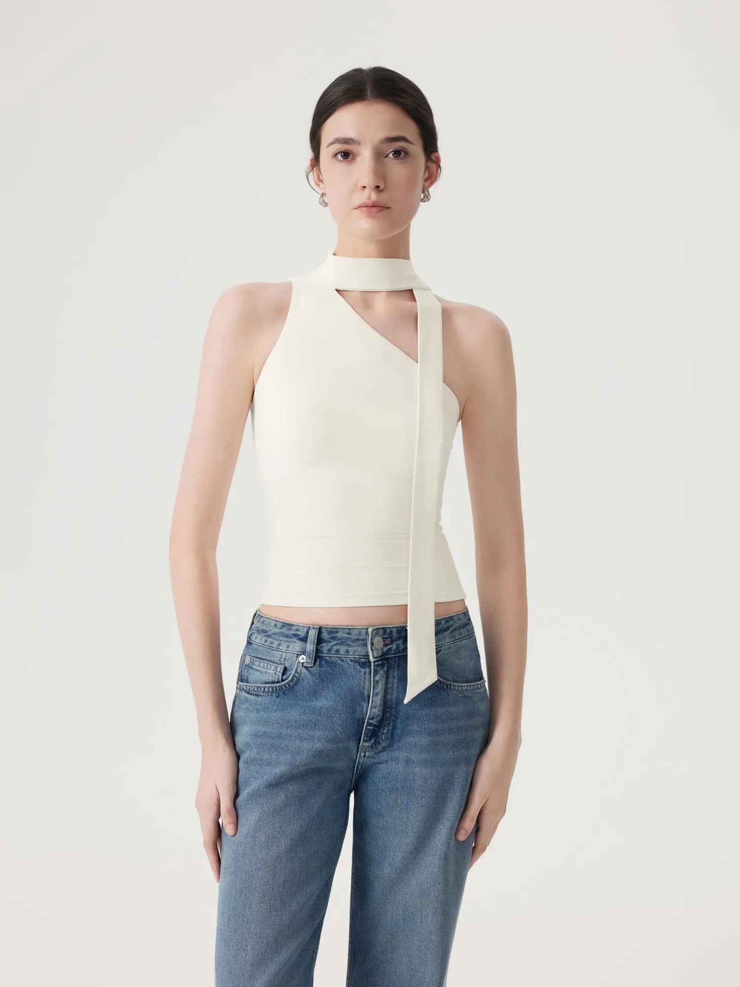 Off Shoulder Halter High Neck Tank Tops with Scarf-SUUKSESS-White-XS-SUUKSESS