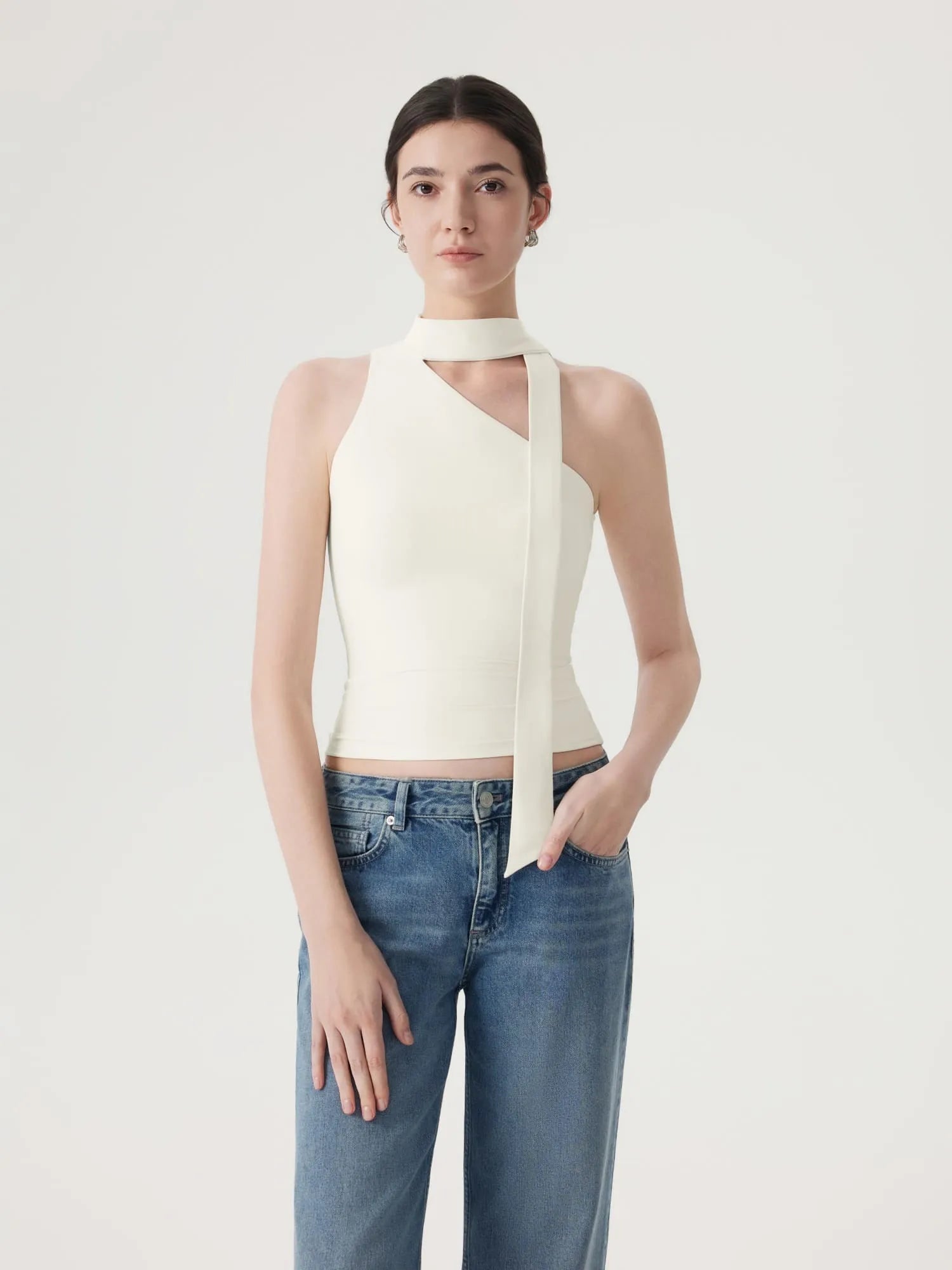 Off Shoulder Halter High Neck Tank Tops with Scarf-SUUKSESS-SUUKSESS