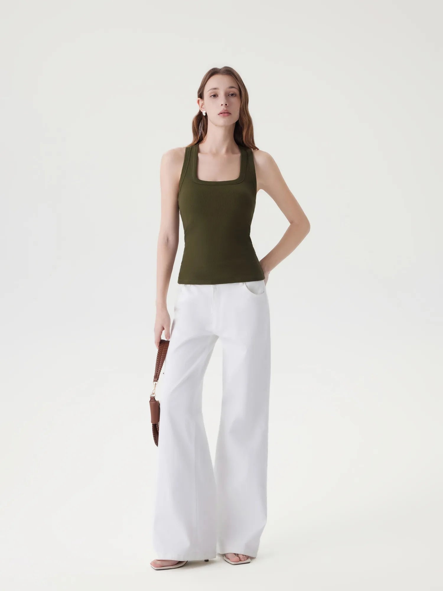 Cotton Ribbed Square Neck Tank Tops-SUUKSESS-Olive-XS-SUUKSESS