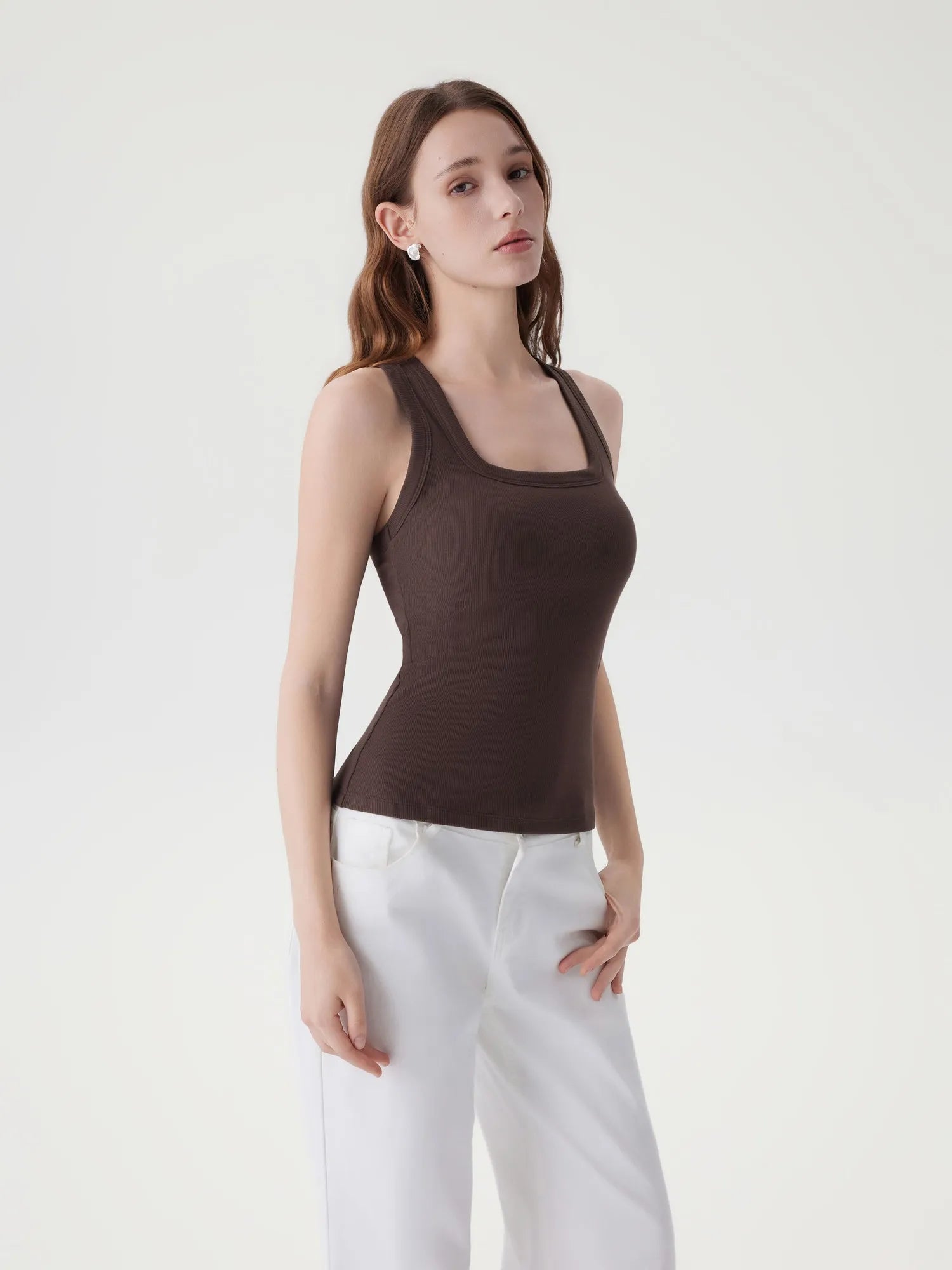 Cotton Ribbed Square Neck Tank Tops-SUUKSESS-Brown-XS-SUUKSESS