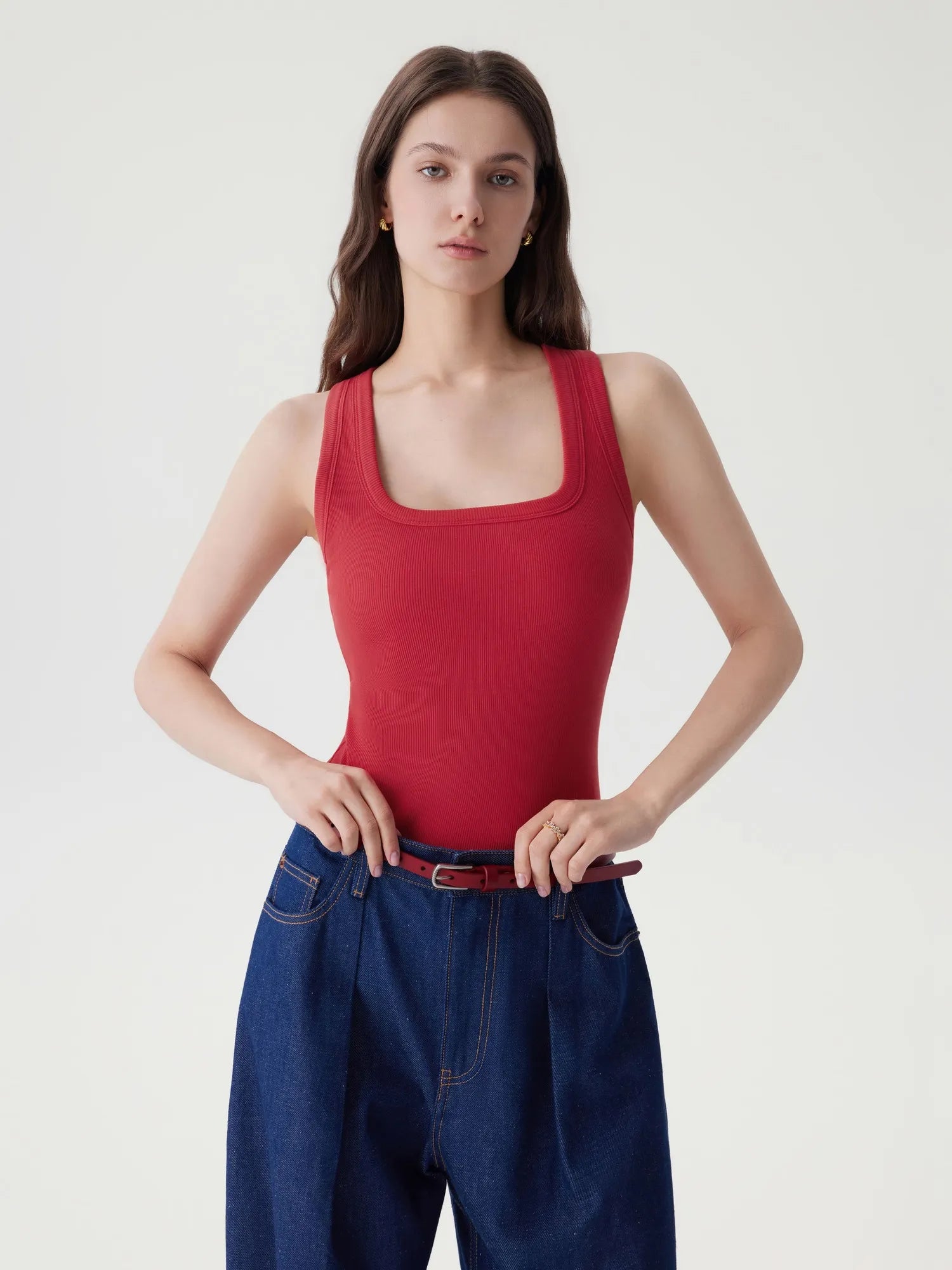 Cotton Ribbed Square Neck Tank Tops-SUUKSESS-SUUKSESS