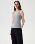 Cotton Ribbed Square Neck Tank Tops-SUUKSESS-Grey-XS-SUUKSESS