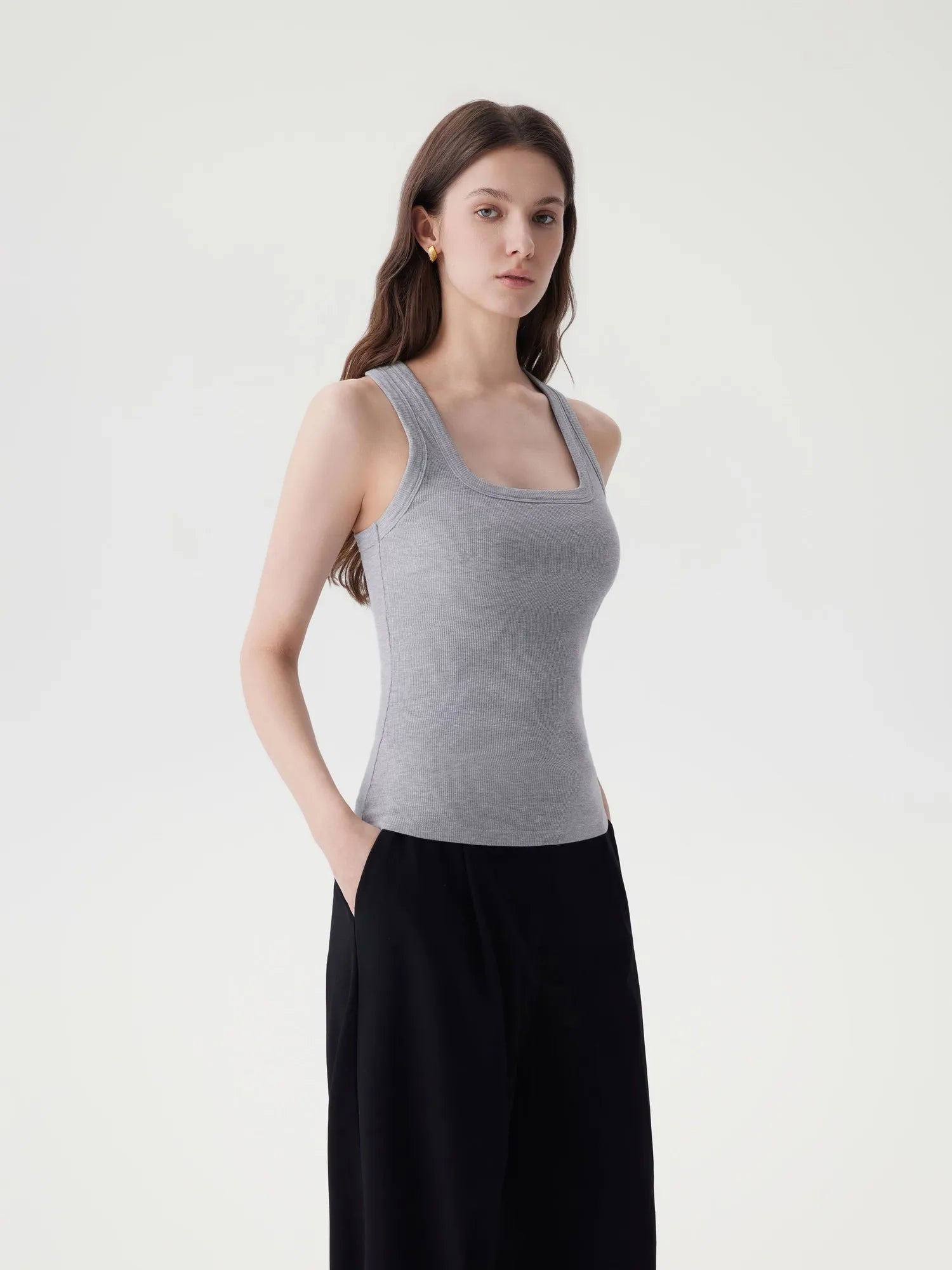 Cotton Ribbed Square Neck Tank Tops-SUUKSESS-SUUKSESS