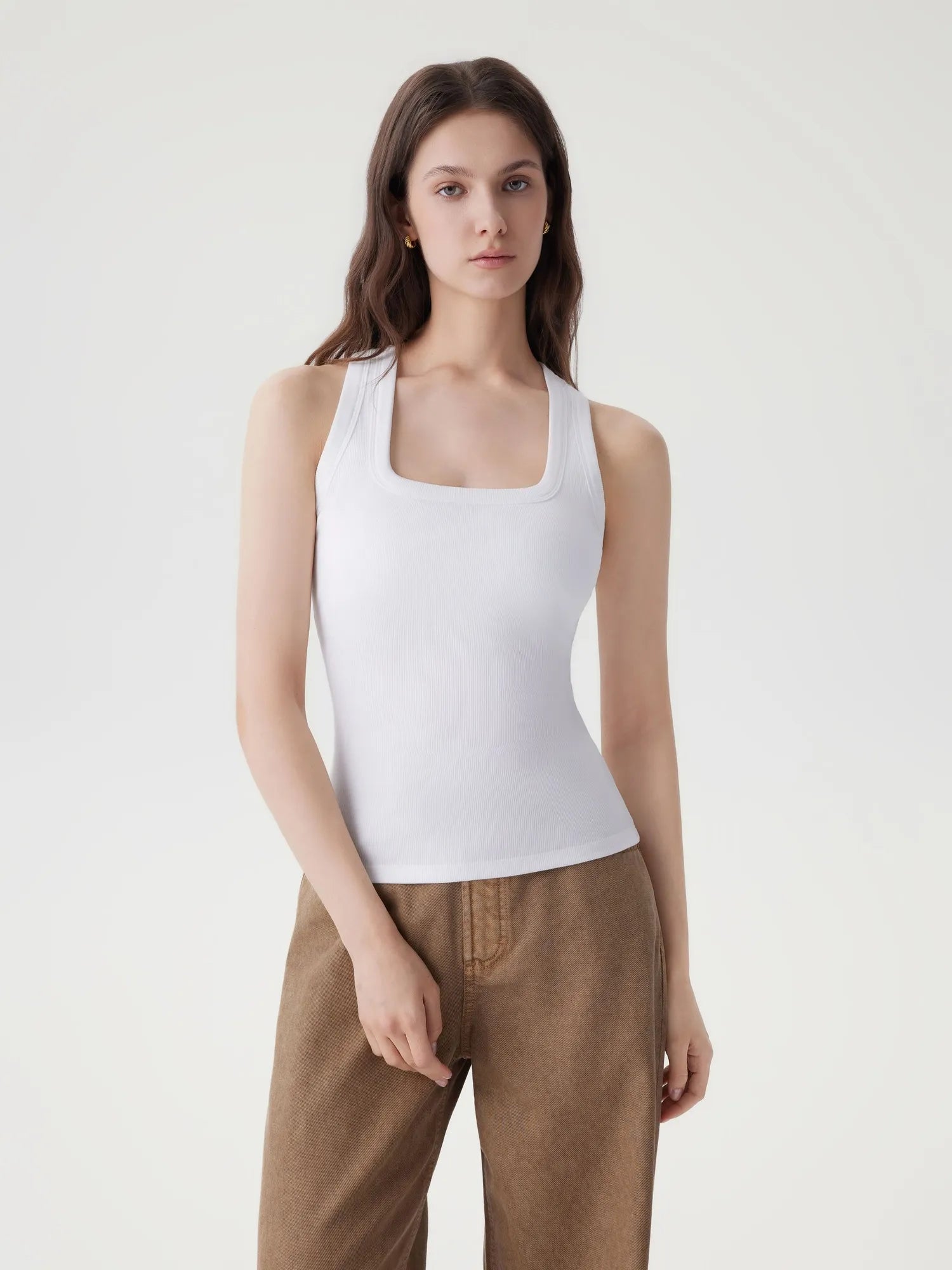 Cotton Ribbed Square Neck Tank Tops-SUUKSESS-White-XS-SUUKSESS