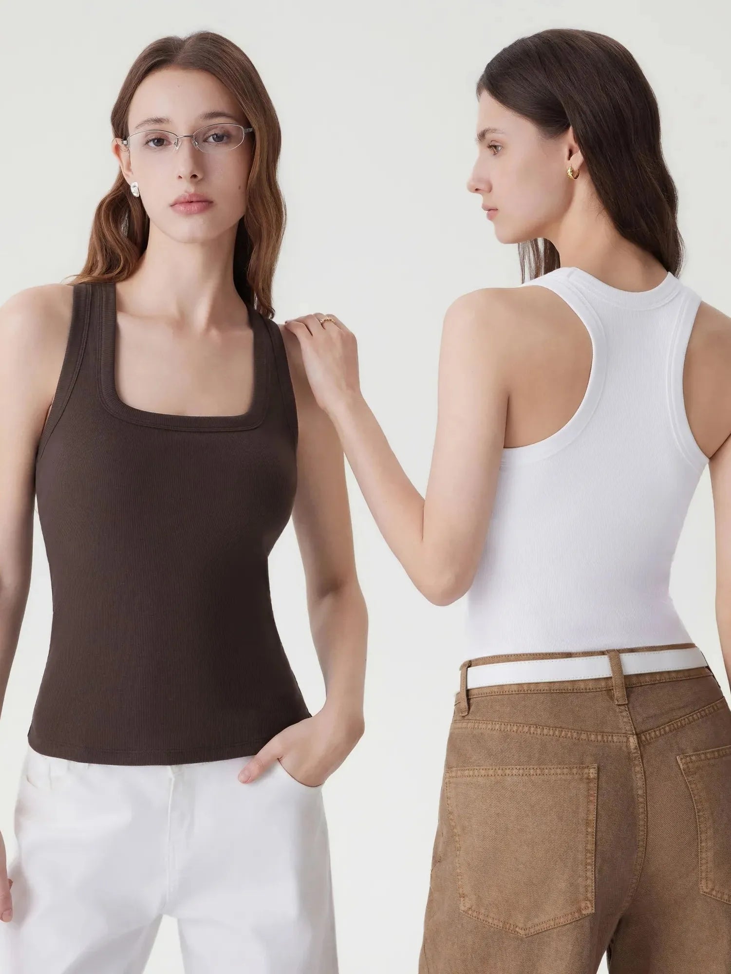 Cotton Ribbed Square Neck Tank Tops-SUUKSESS-SUUKSESS
