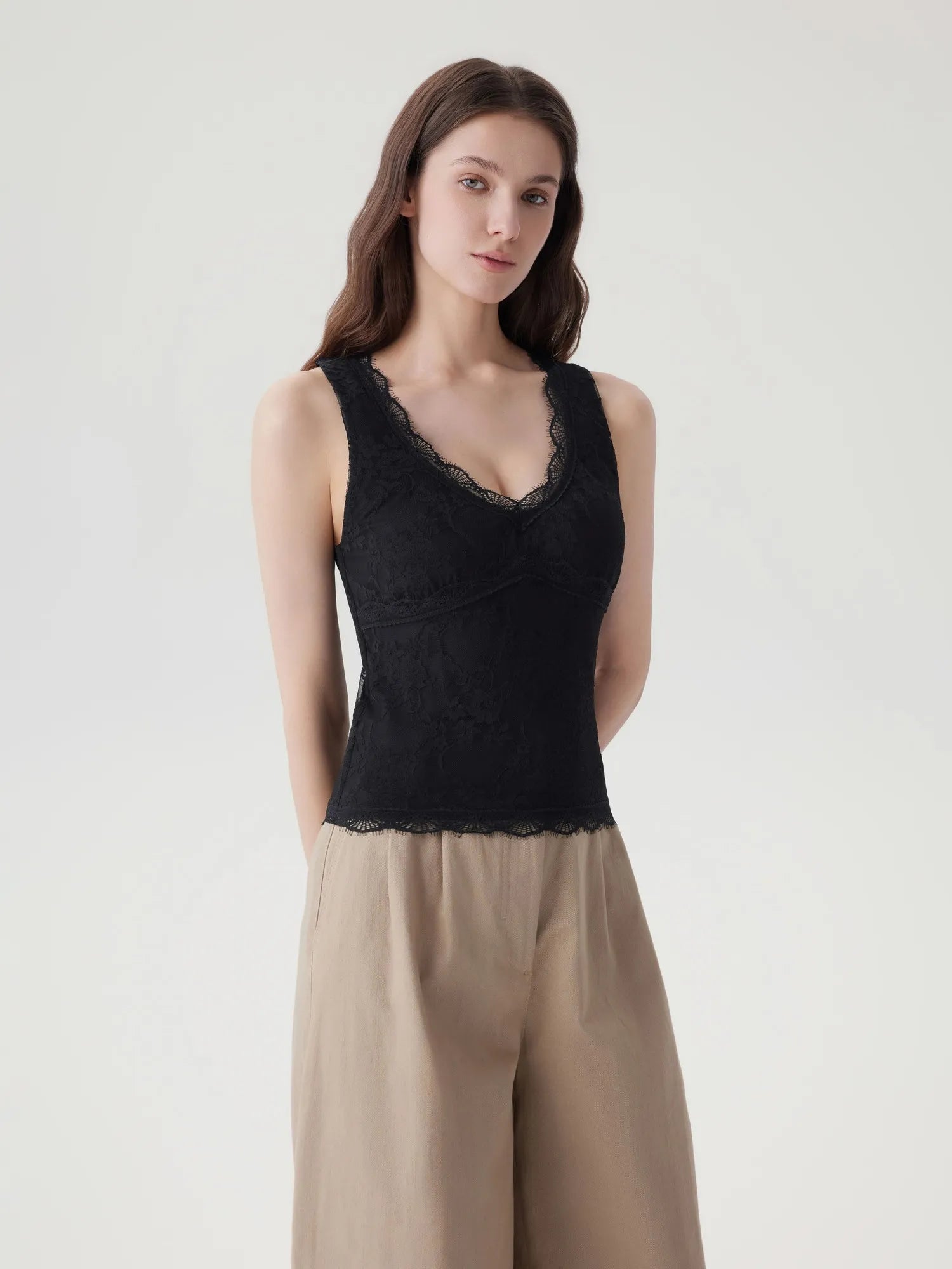 Lace Double Lined Lace V Neck Tank Top