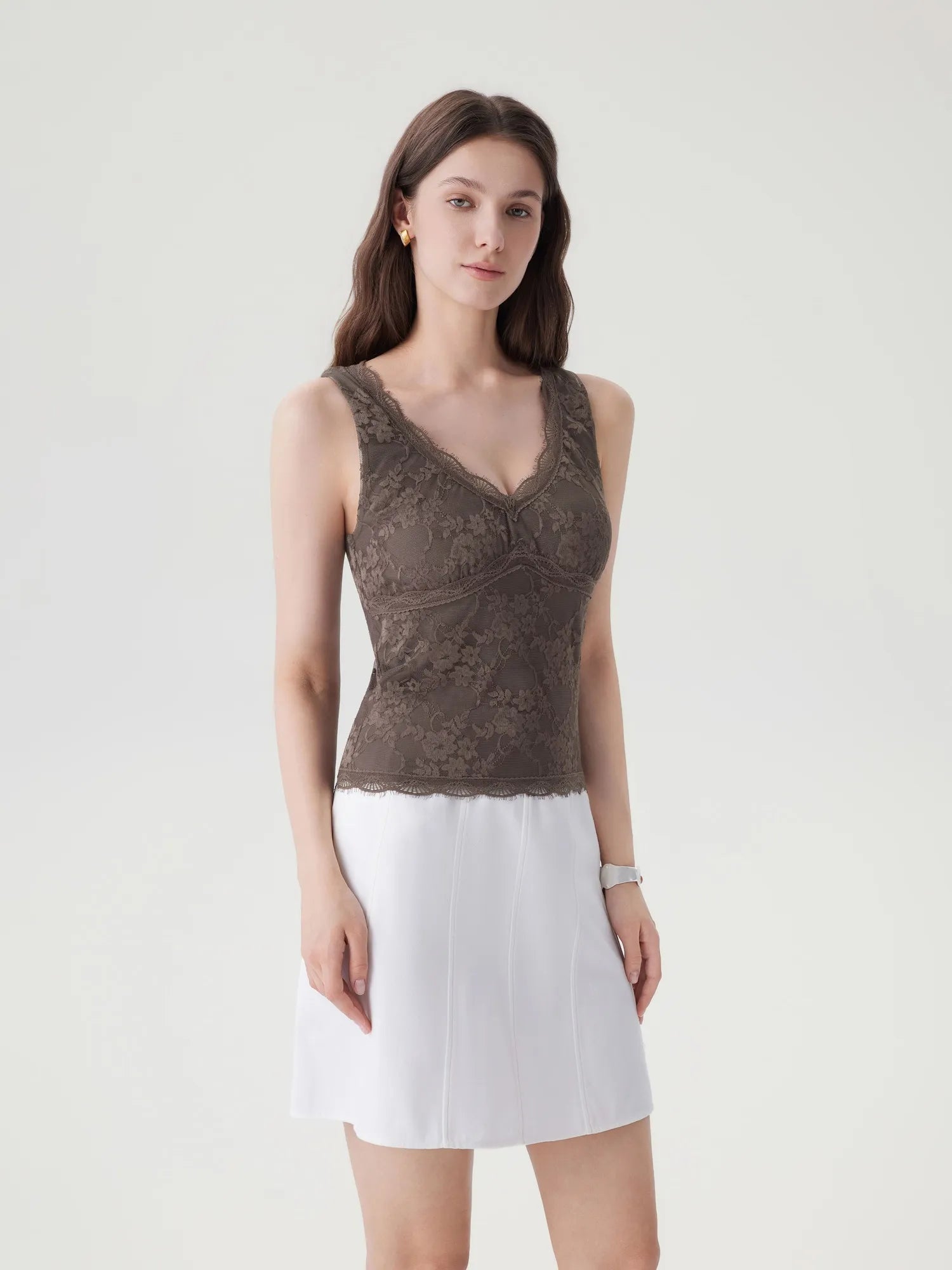 Lace Double Lined Lace V Neck Tank Top