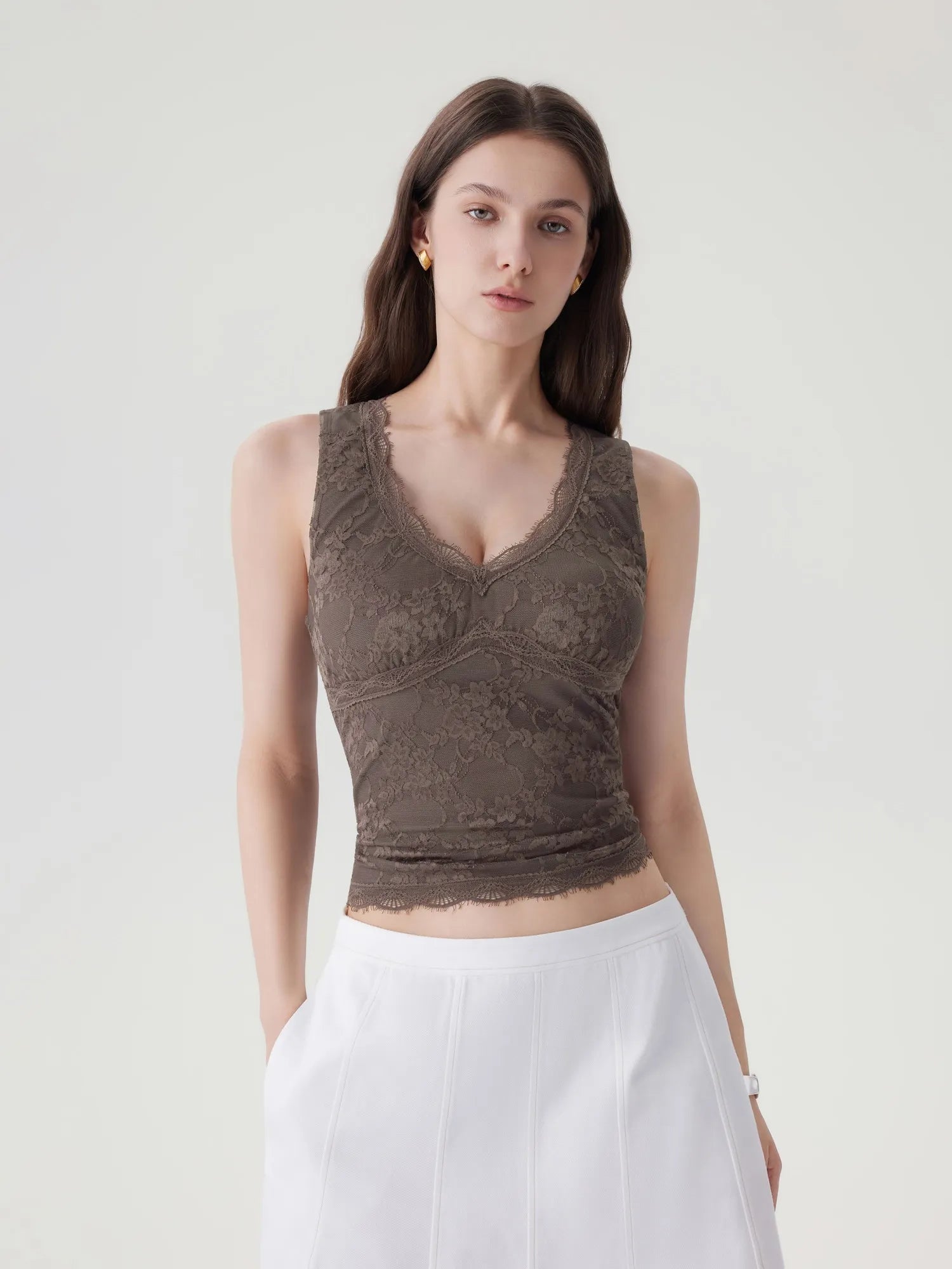 Lace Double Lined Lace V Neck Tank Top