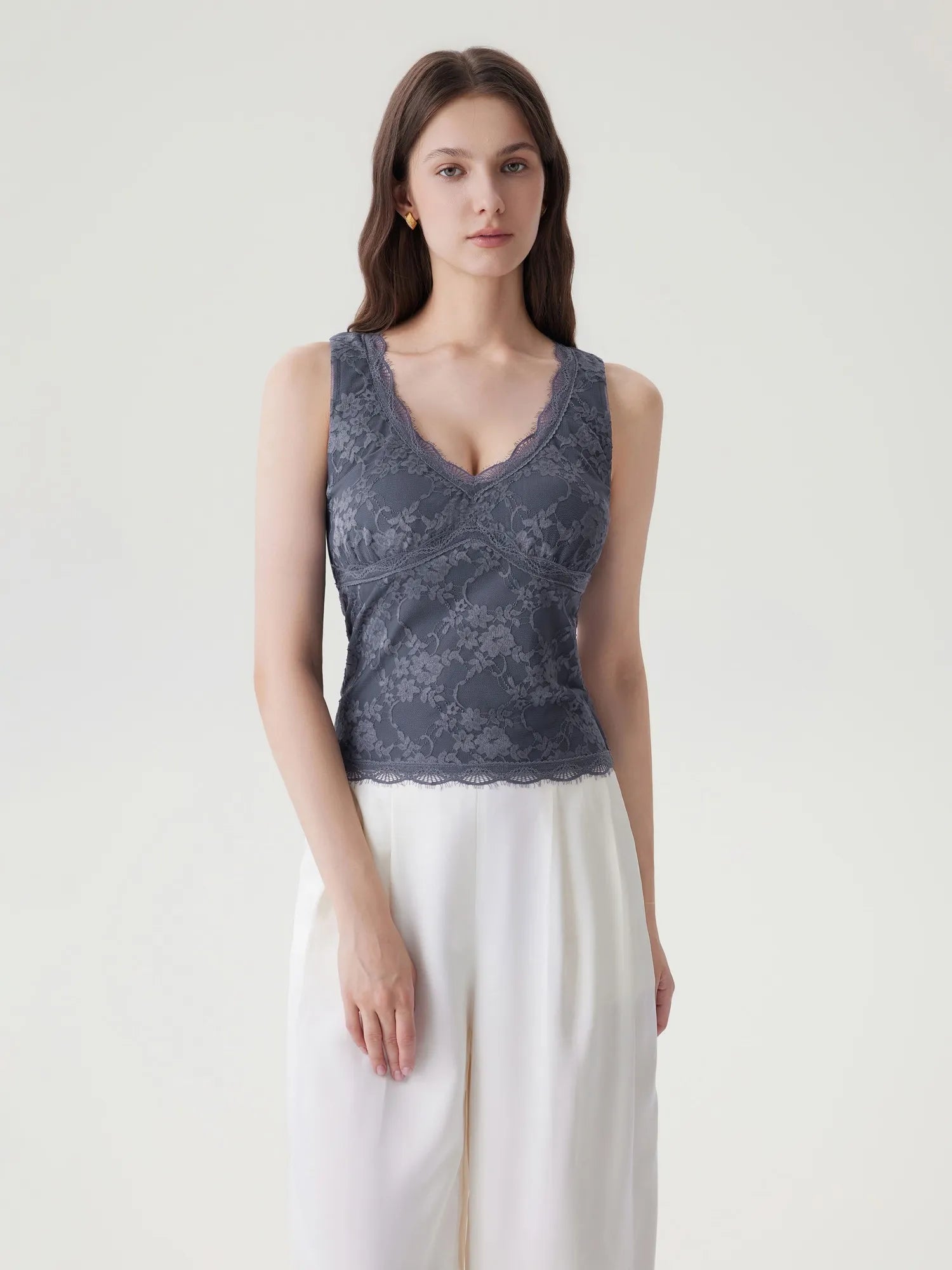 Lace Double Lined Lace V Neck Tank Top