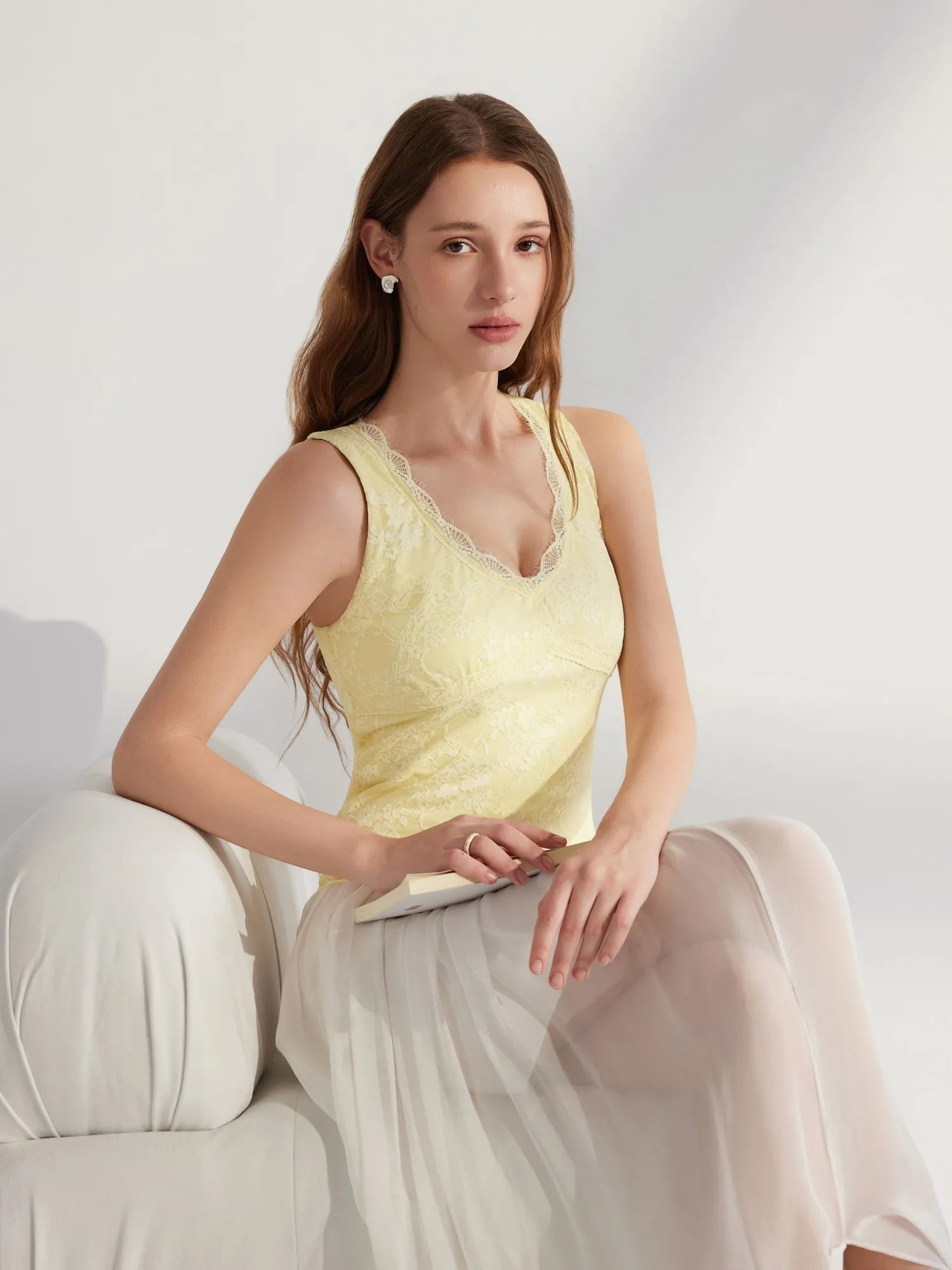 Lace Double Lined Lace V Neck Tank Top