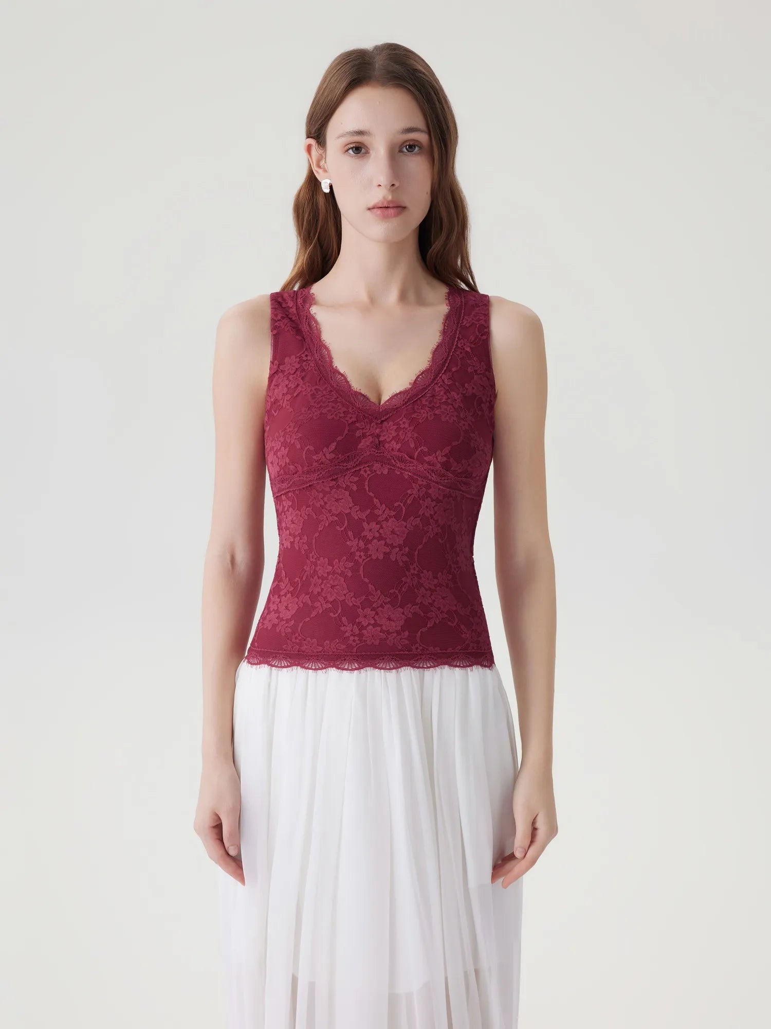 Lace Double Lined Lace V Neck Tank Top
