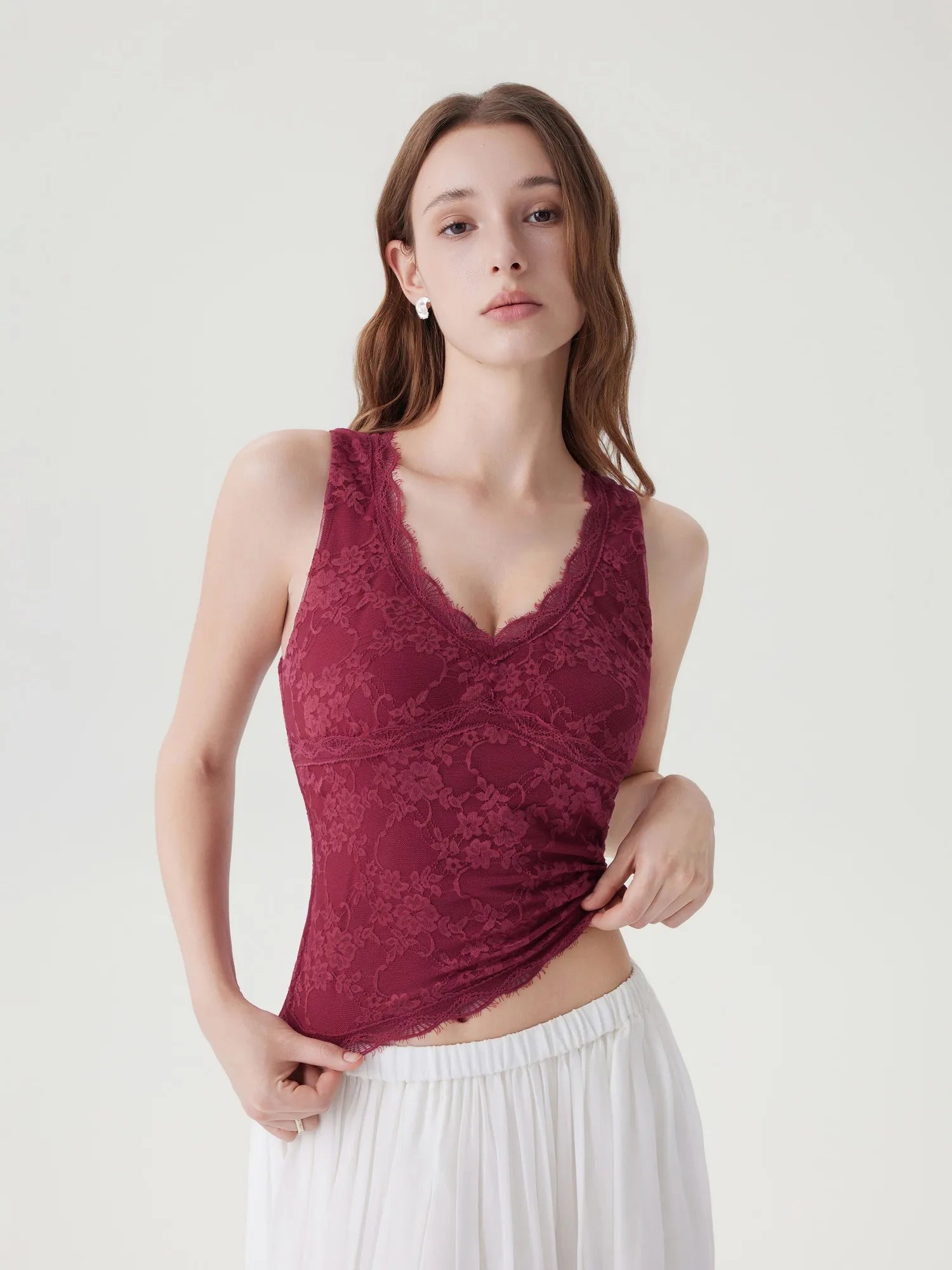 Lace Double Lined Lace V Neck Tank Top