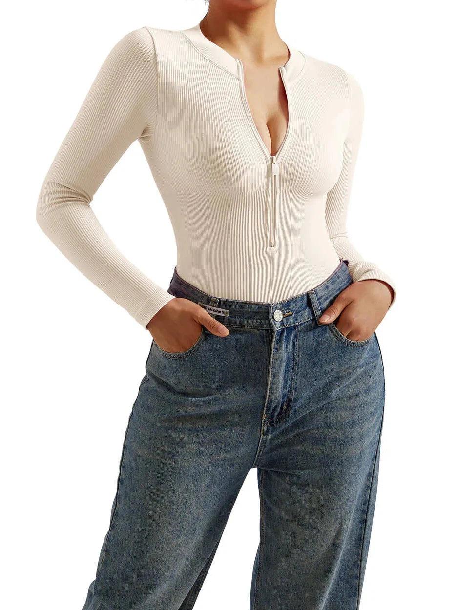 Seamless Ribbed Zip-Up Bodysuit - Long Sleeve – SUUKSESS Seamless Ribbed Zip-Up Bodysuit - Long Sleeve – SUUKSESS