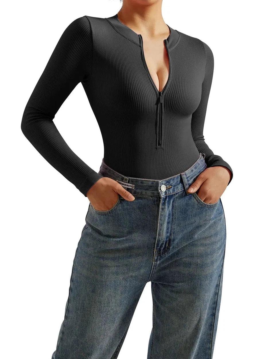 SUUKSESS Sweetheart V Neck Long Sleeve Bodysuit Ribbed Tummy Control Compression  Body Suits (Black,L) at  Women's Clothing store