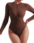 Seamless Ribbed Zip-Up Bodysuit - Long Sleeve