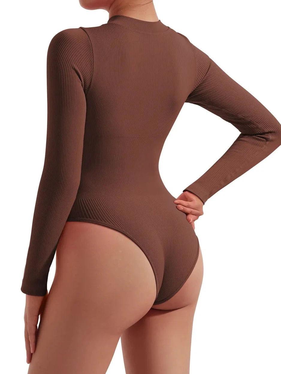 SUUKSESS Women Long Sleeve Ribbed Bodysuit Sexy Zip up Front