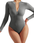 Seamless Ribbed Zip-Up Bodysuit - Long Sleeve - SUUKSESS