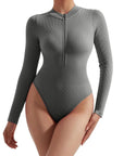 Seamless Ribbed Zip-Up Bodysuit - Long Sleeve - SUUKSESS