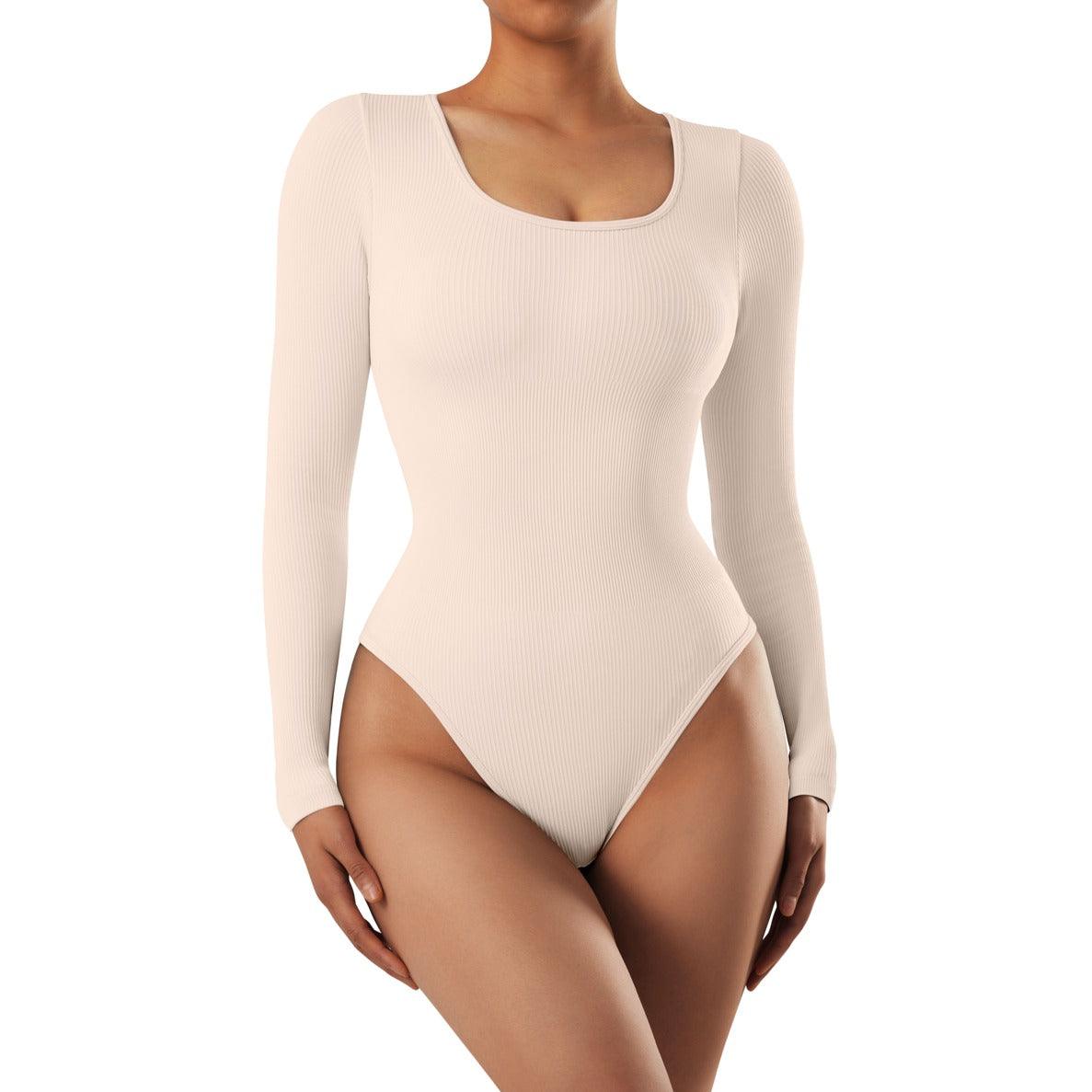  SUUKSESS Sweetheart V Neck Long Sleeve Bodysuit Ribbed Tummy  Control Compression Body Suits (Brown,S) : Clothing, Shoes & Jewelry