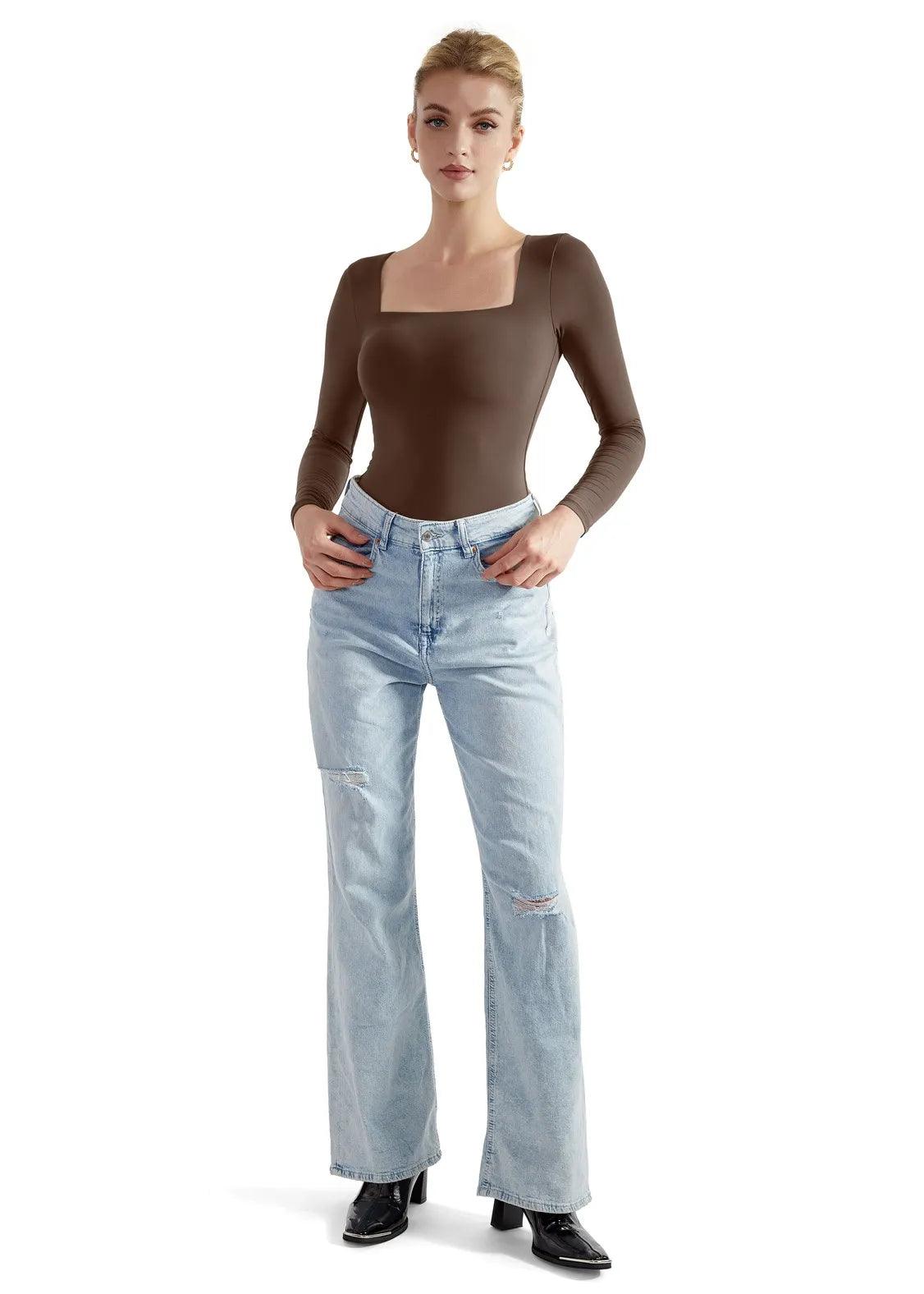 ALSLIAO Plus Size Women Turtleneck Bodysuit Knit Top Long Sleeve SlimT-Shirt  Sweater Bean Paste 5XL 