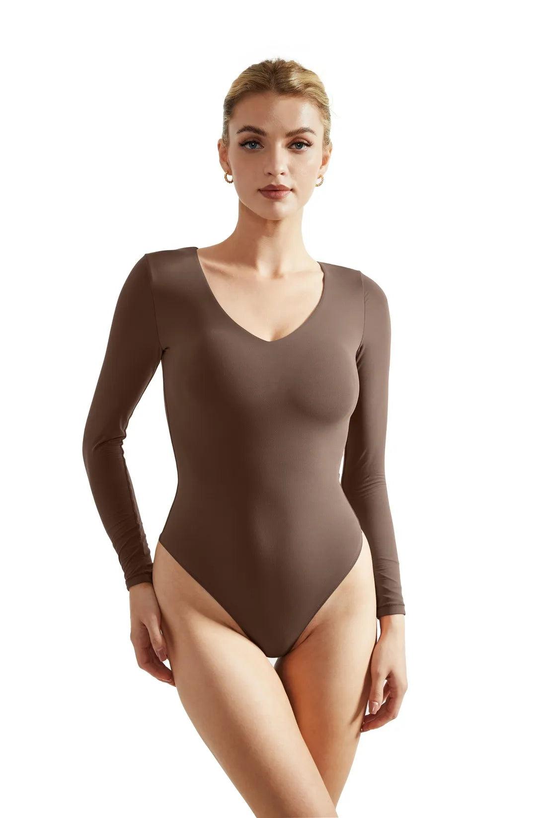  SUUKSESS Sweetheart V Neck Long Sleeve Bodysuit Ribbed Tummy  Control Compression Body Suits (Brown,S) : Clothing, Shoes & Jewelry