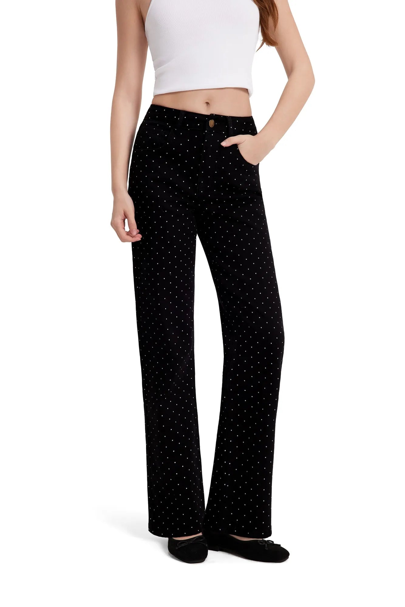 Mid-Rise Stretch Straight Leg Jeans-SUUKSESS-Black Polka Dots-2-SUUKSESS