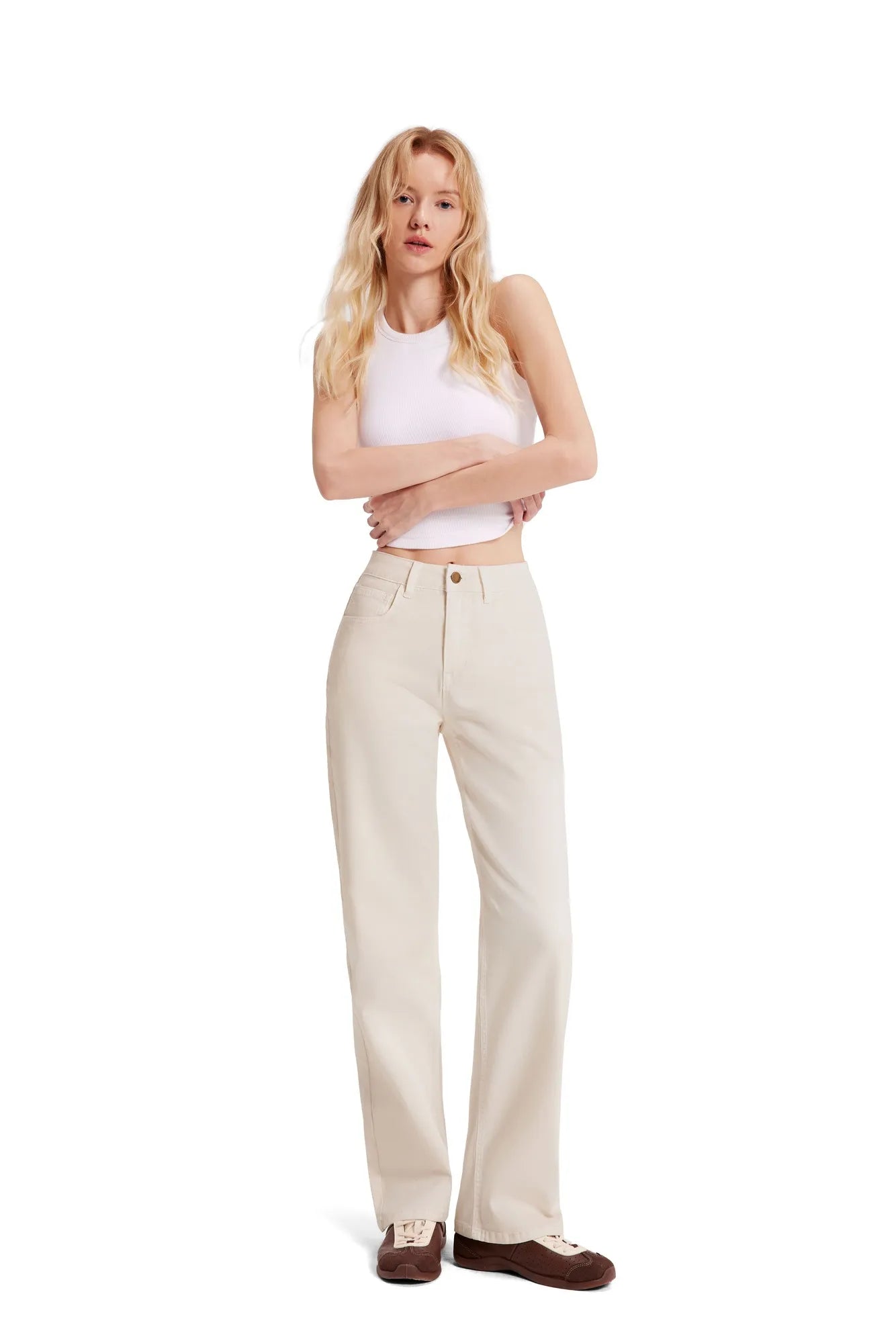 Mid-Rise Stretch Straight Leg Jeans-SUUKSESS-Apricot-2-SUUKSESS