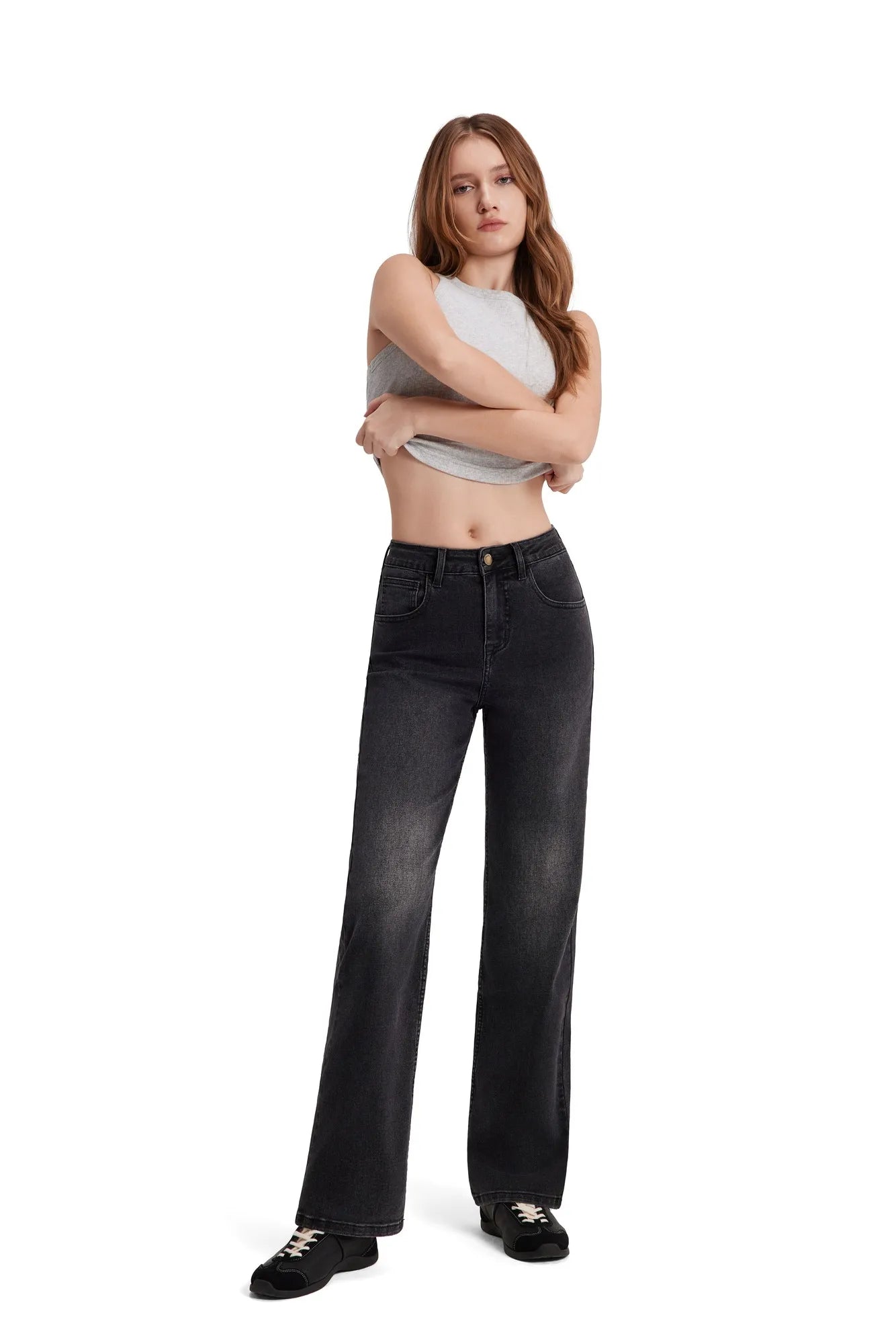 Mid-Rise Stretch Straight Leg Jeans-SUUKSESS-Black Grey-2-SUUKSESS