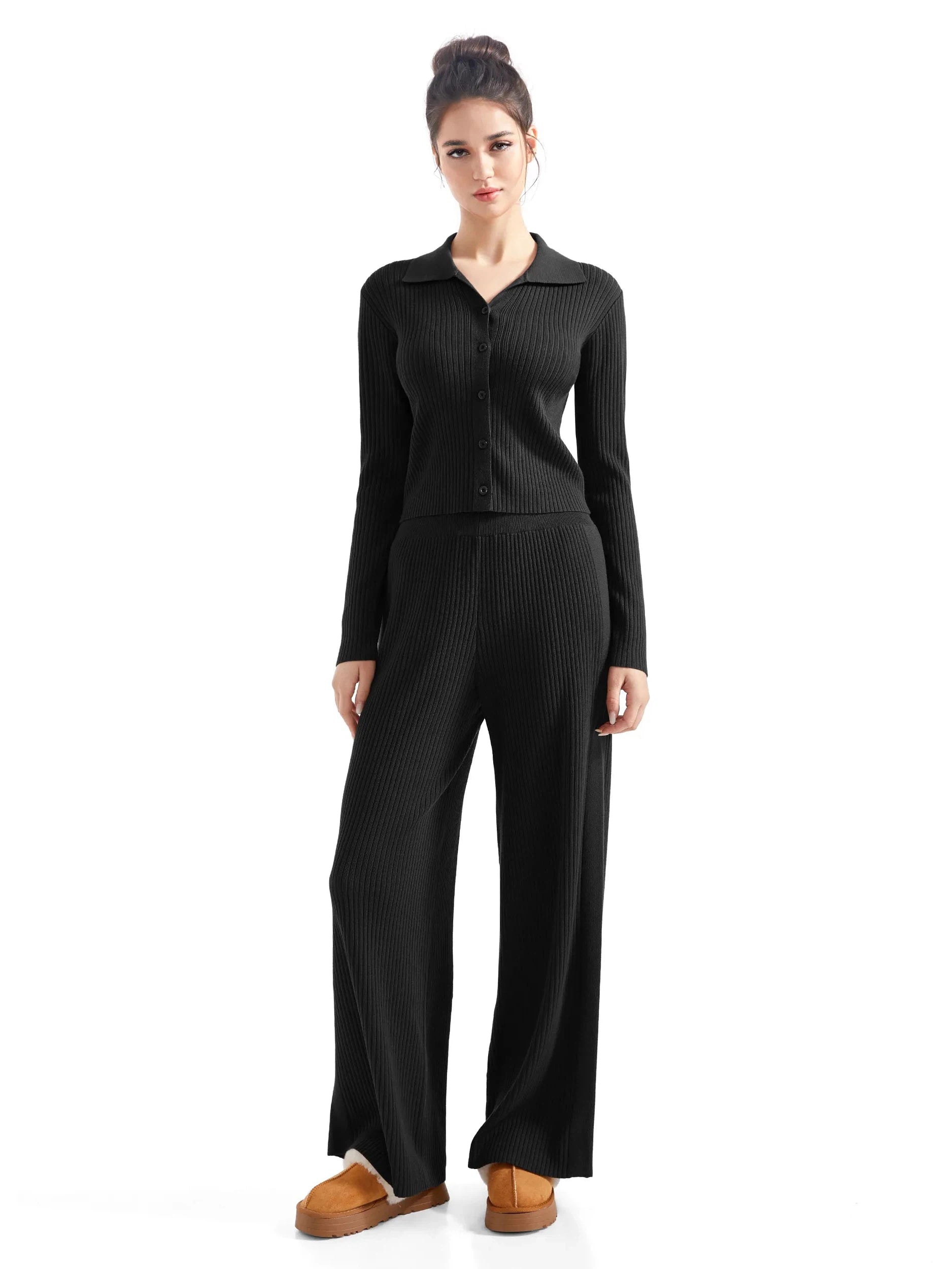 Ribbed Cardign Lounge Set-SUUKSESS-Black-XS-SUUKSESS