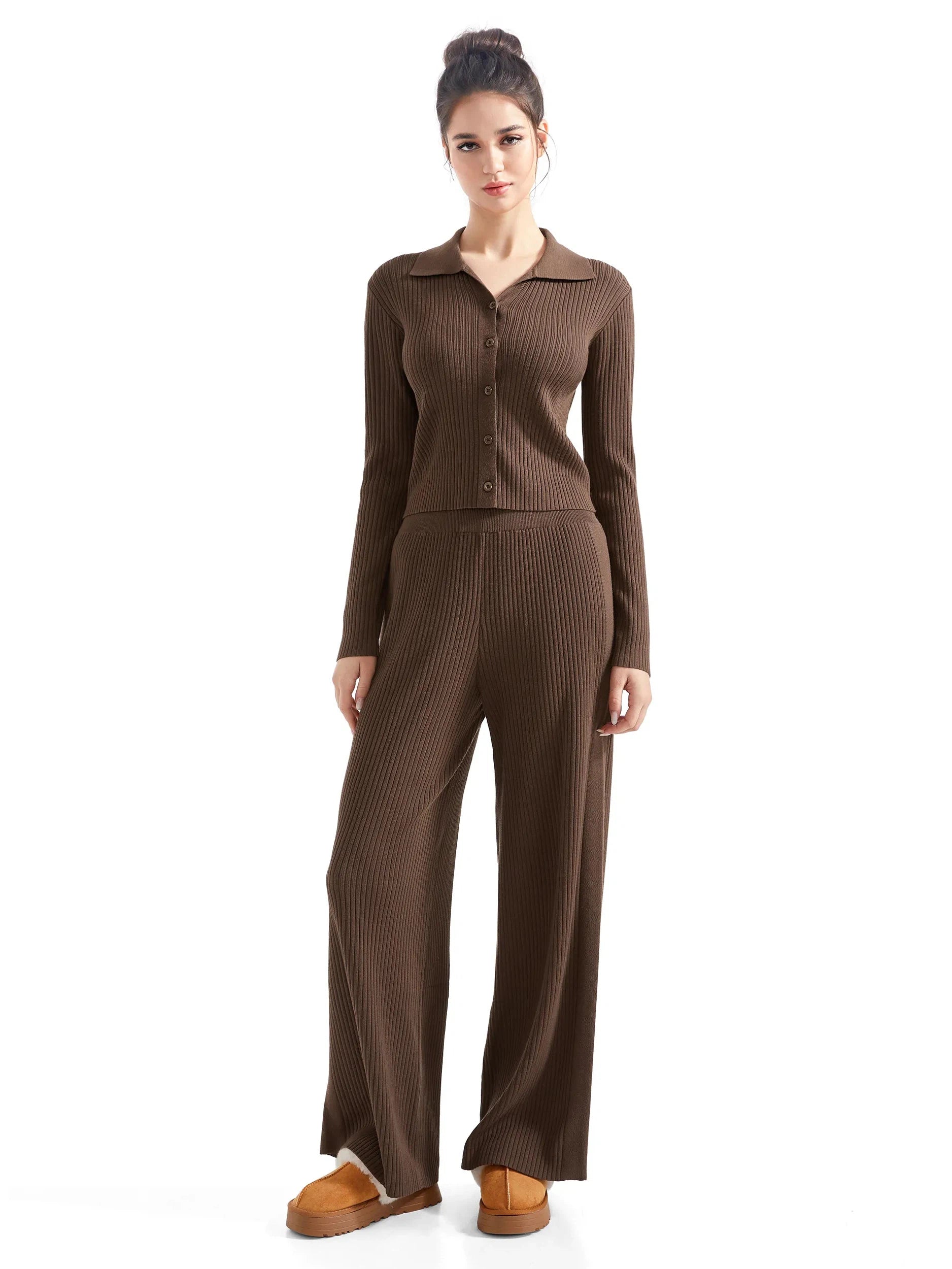 Ribbed Cardign Lounge Set-SUUKSESS-Brown-XS-SUUKSESS