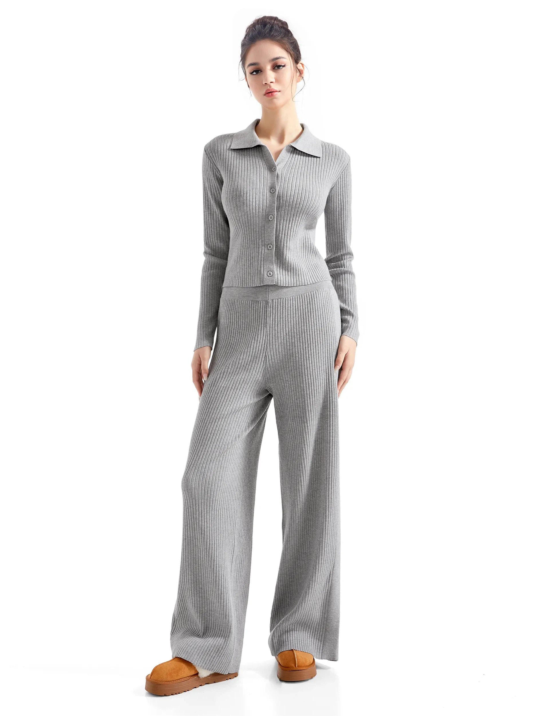 Ribbed Cardign Lounge Set-SUUKSESS-Grey-XS-SUUKSESS