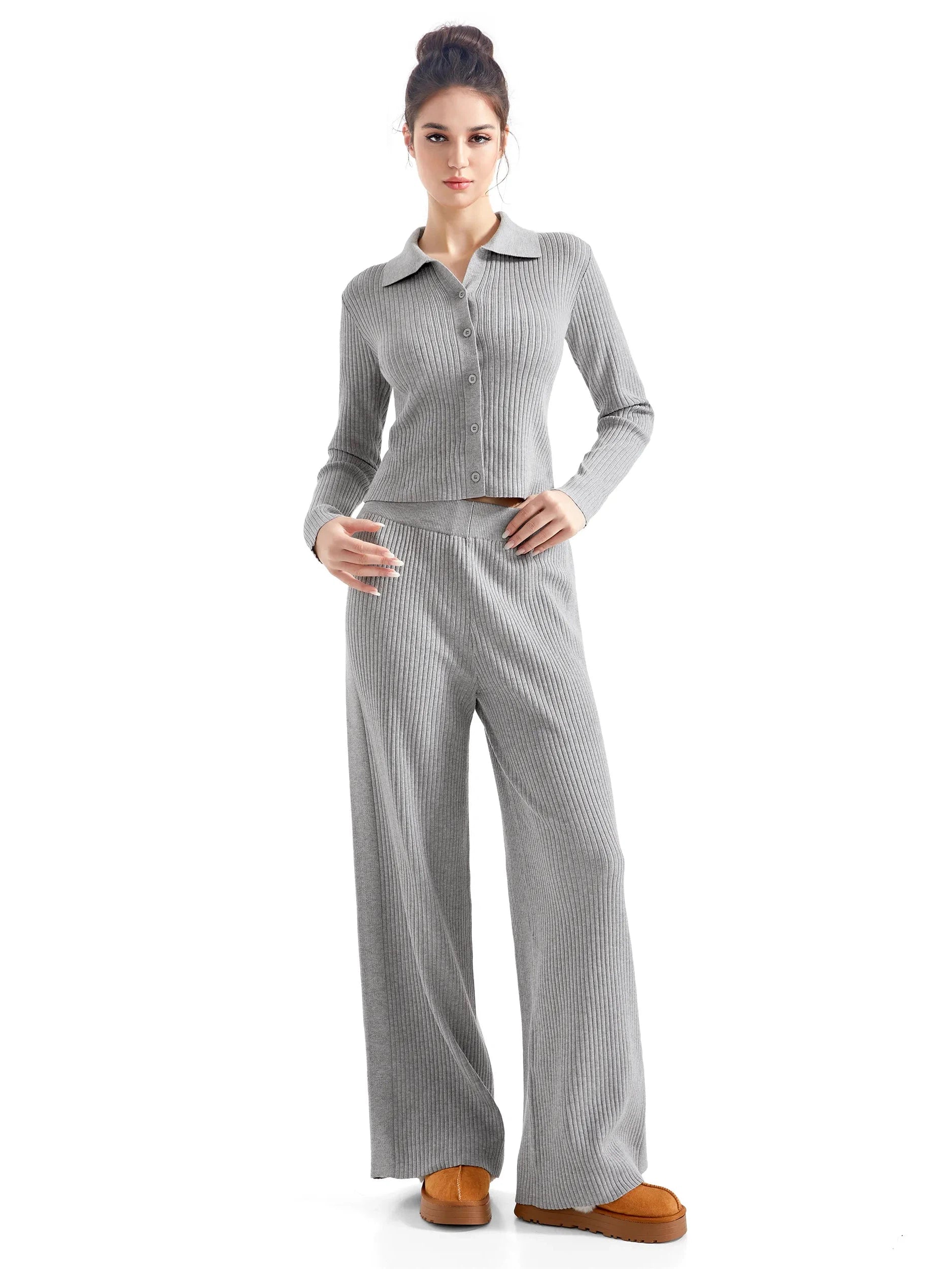 Ribbed Cardign Lounge Set-SUUKSESS-SUUKSESS