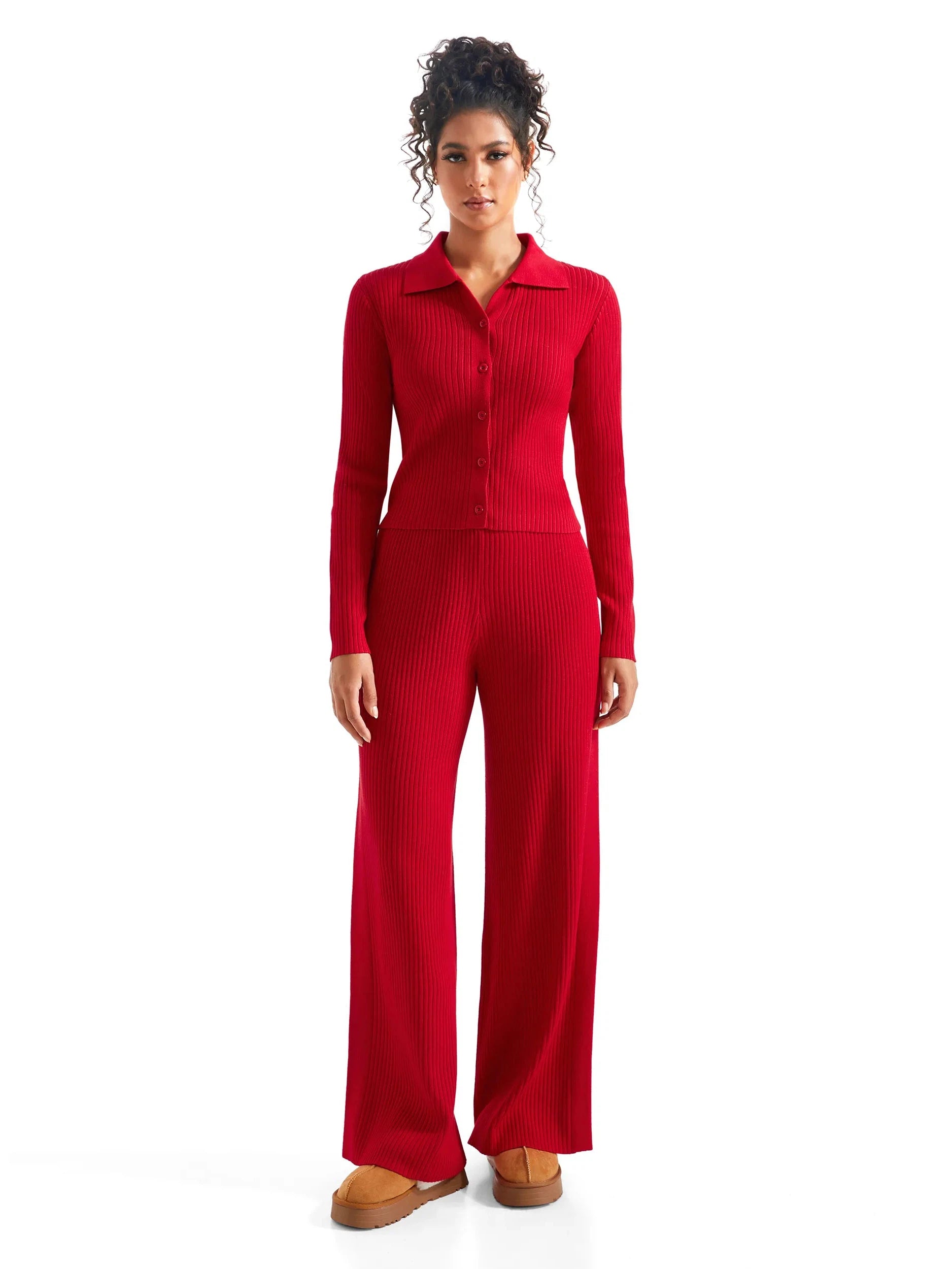 Ribbed Cardign Lounge Set-SUUKSESS-Red-XS-SUUKSESS