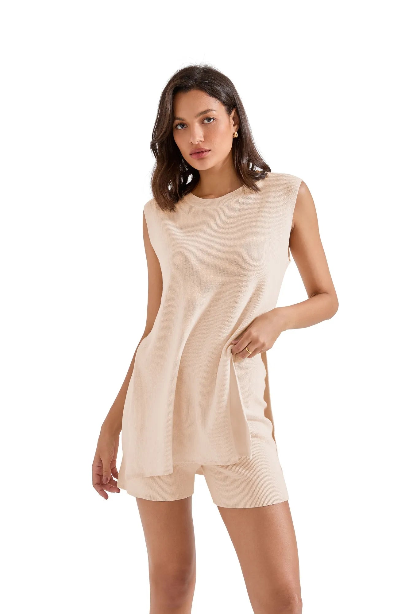 Sleeveless Knit Sweater Lounge Set-SUUKSESS-Beige-XS-SUUKSESS