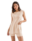 Sleeveless Knit Sweater Lounge Set-SUUKSESS-Beige-XS-SUUKSESS