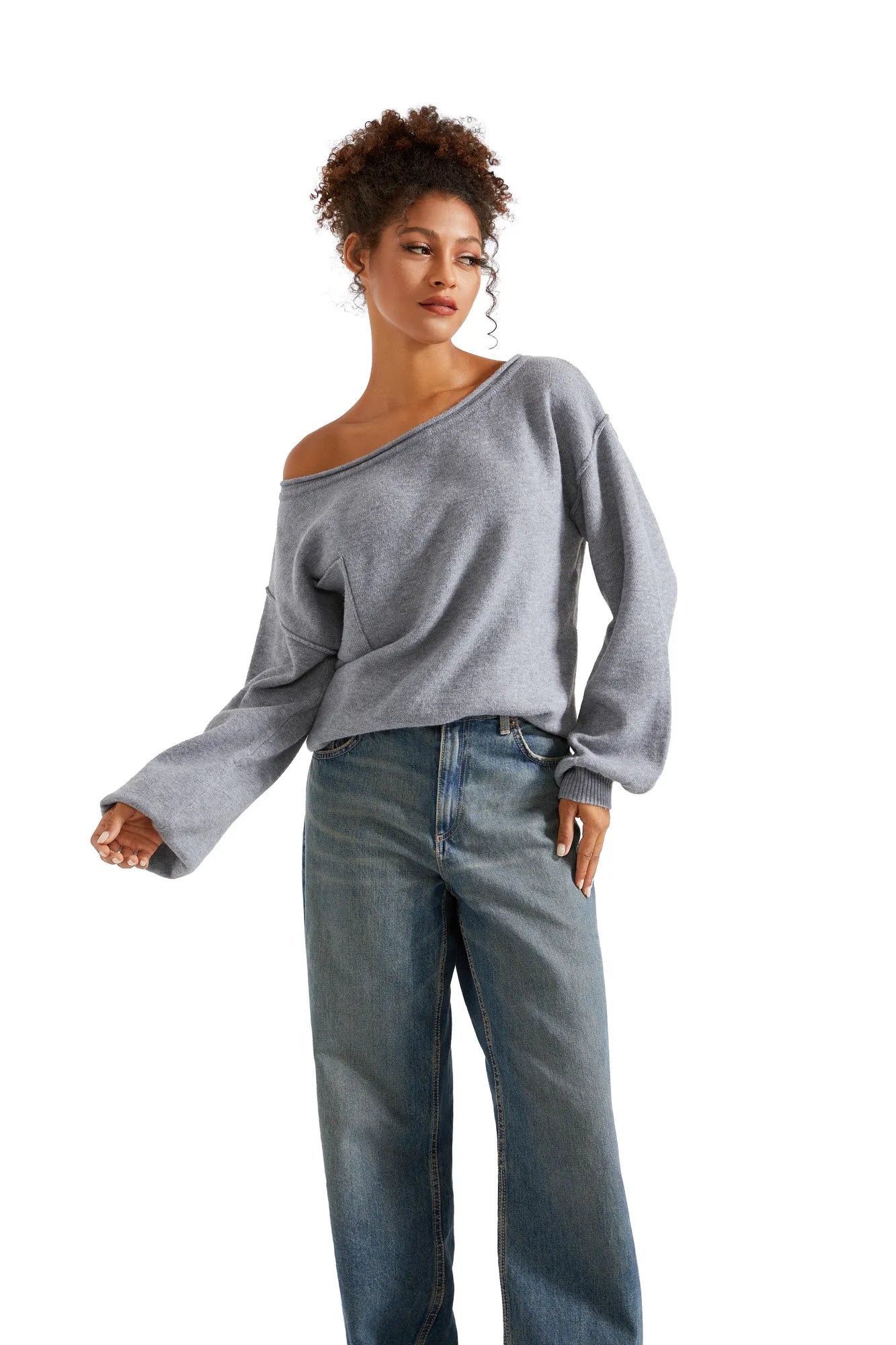 Knit Off Shoulder Sweater Shirts-Clothing-SUUKSESS-Grey-XS-SUUKSESS