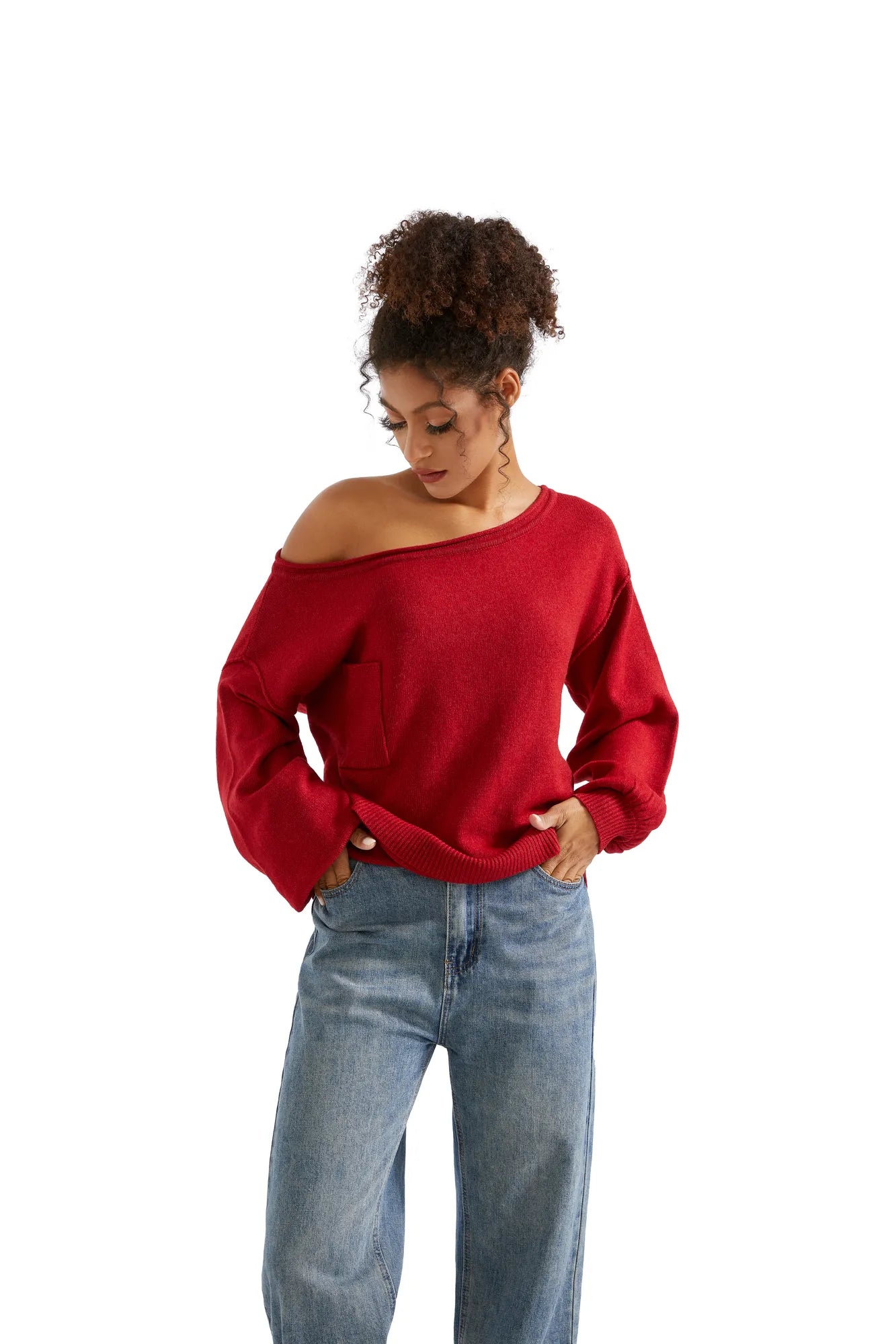 Knit Off Shoulder Sweater Shirts-Clothing-SUUKSESS-SUUKSESS