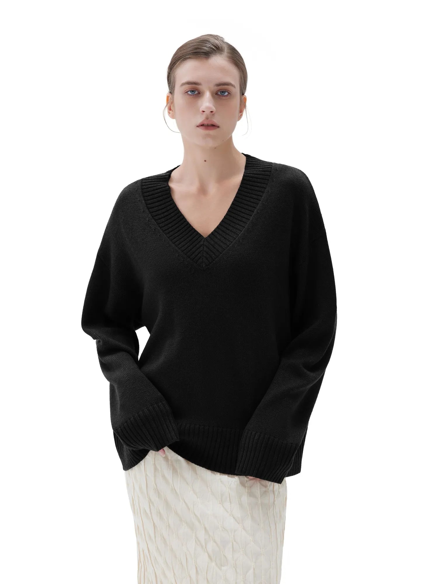 SUUKSESS Women Cashmere Oversized V Neck Pullover Sweaters Long Sleeve Jumpers-SUUKSESS-SUUKSESS