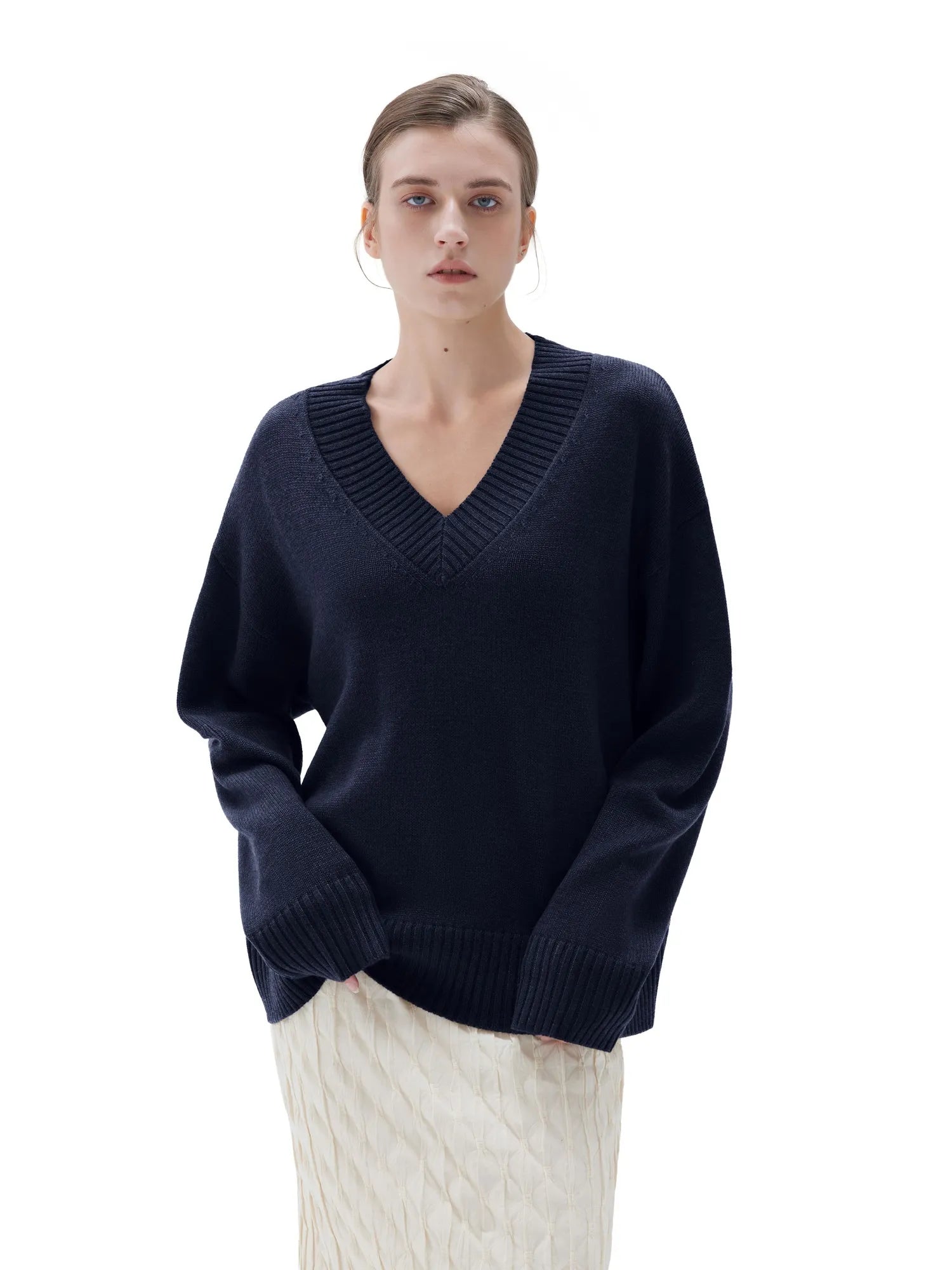 SUUKSESS Women Cashmere Oversized V Neck Pullover Sweaters Long Sleeve Jumpers-SUUKSESS-Navy-XS-SUUKSESS