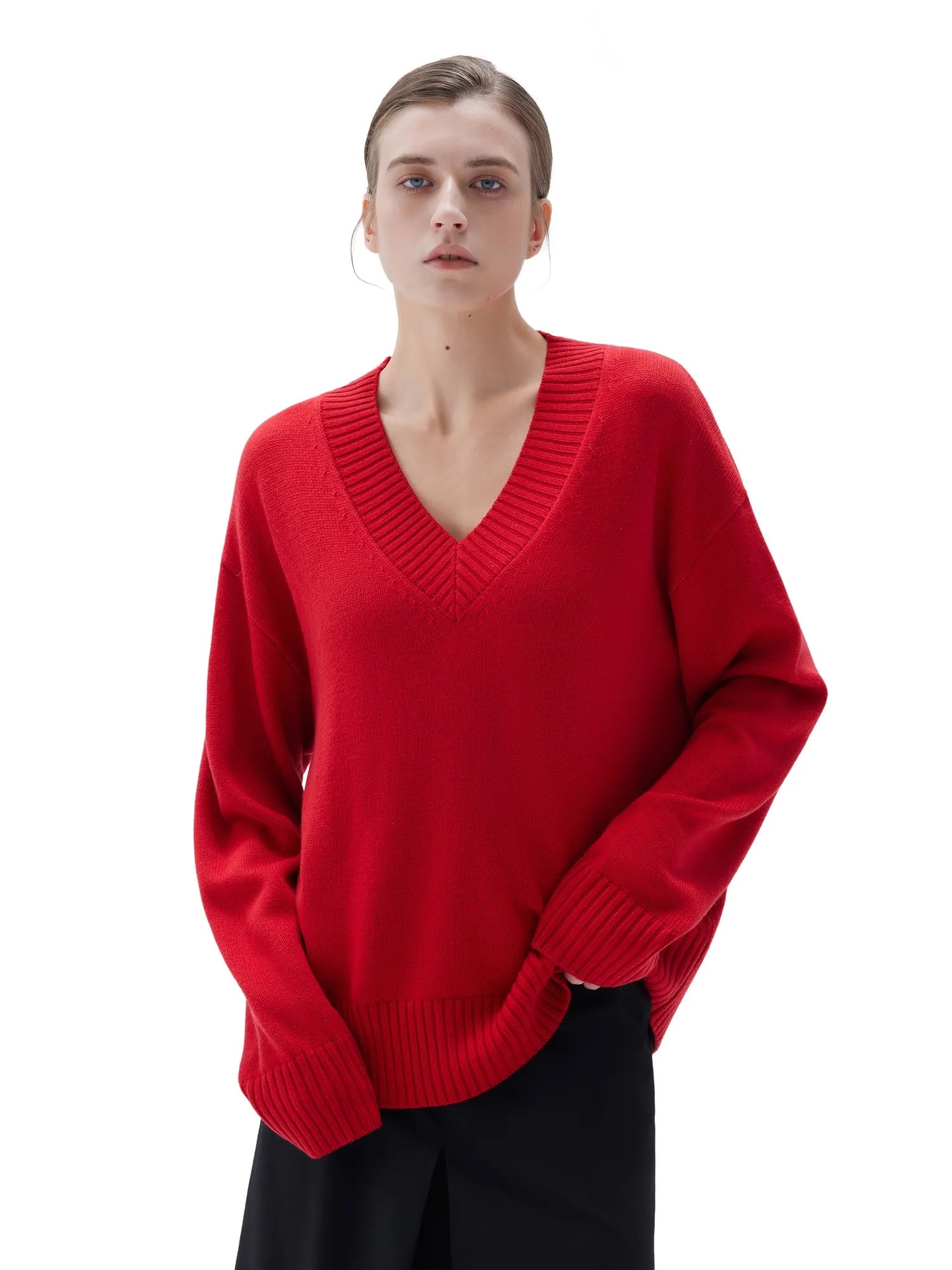 SUUKSESS Women Cashmere Oversized V Neck Pullover Sweaters Long Sleeve Jumpers-SUUKSESS-Red-XS-SUUKSESS