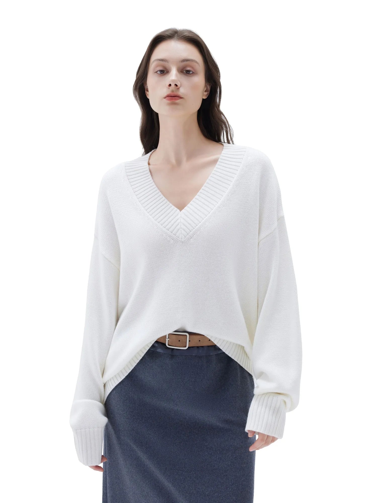 SUUKSESS Women Cashmere Oversized V Neck Pullover Sweaters Long Sleeve Jumpers-SUUKSESS-White-XS-SUUKSESS
