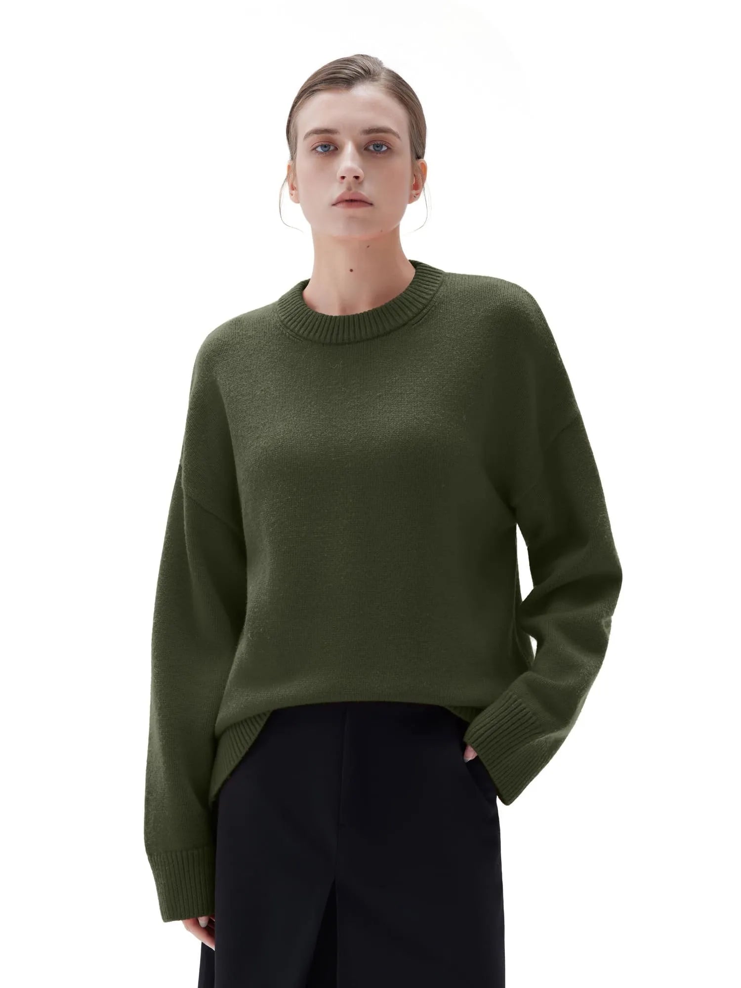SUUKSESS Women Cashmere Oversized Long Sleeve Pullover Sweater Crew Neck Jumpers-SUUKSESS-Olive-XS-SUUKSESS