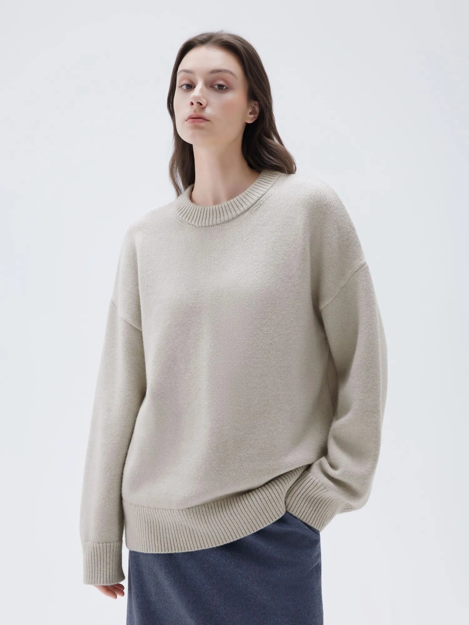 SUUKSESS Women Cashmere Oversized Long Sleeve Pullover Sweater Crew Neck Jumpers-SUUKSESS-Beige-XS-SUUKSESS