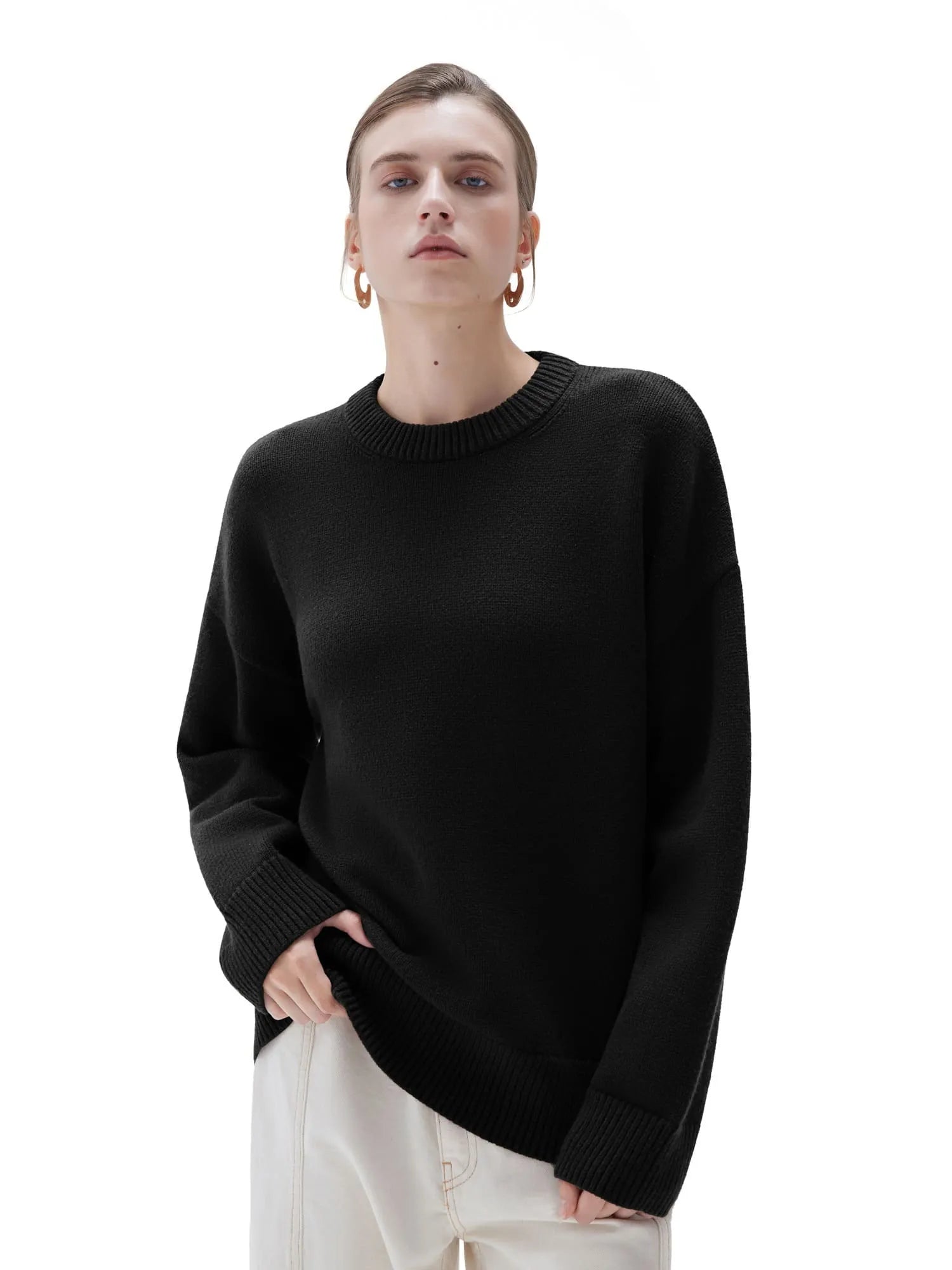 SUUKSESS Women Cashmere Oversized Long Sleeve Pullover Sweater Crew Neck Jumpers-SUUKSESS-Black-XS-SUUKSESS