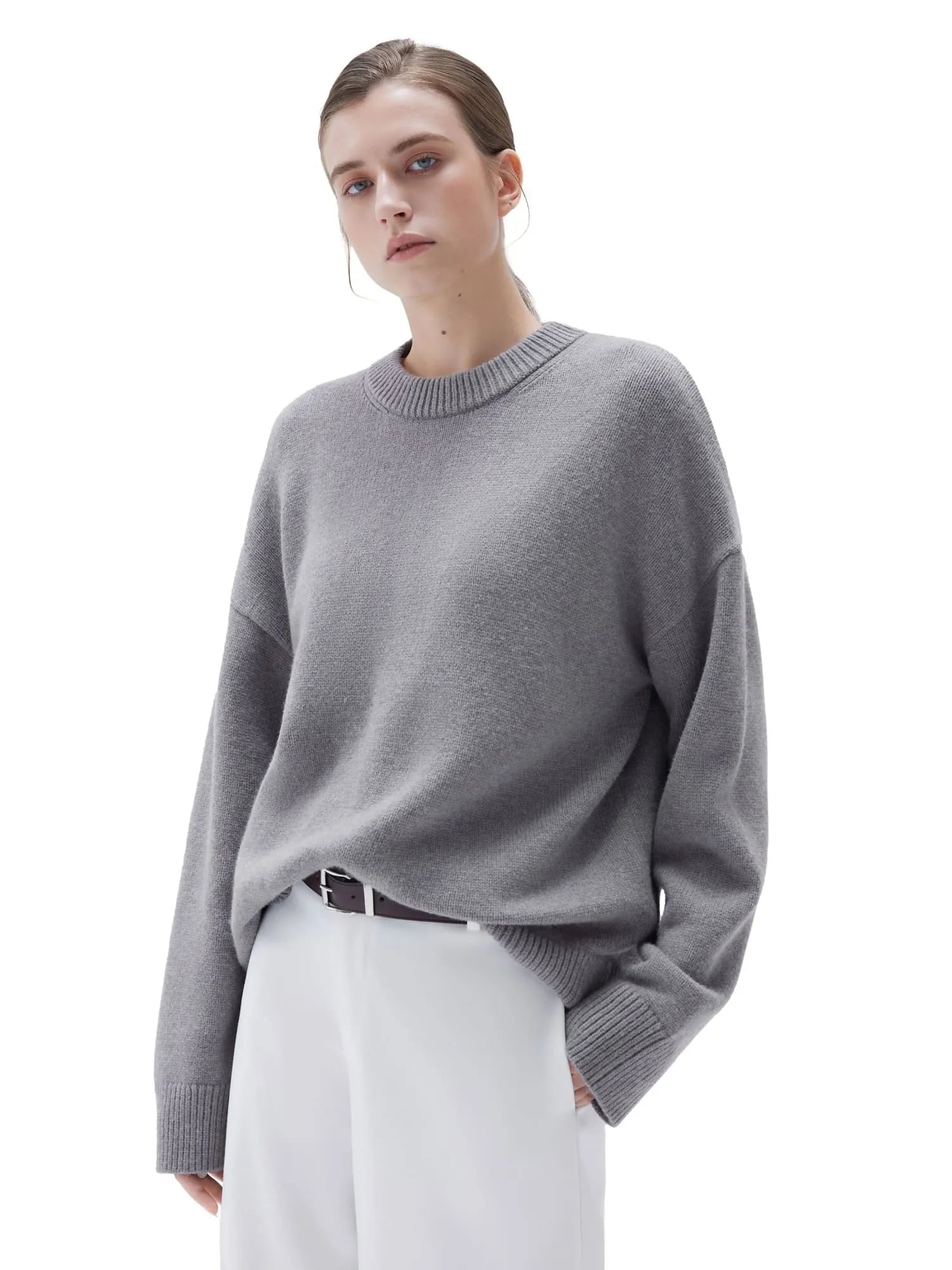 SUUKSESS Women Cashmere Oversized Long Sleeve Pullover Sweater Crew Neck Jumpers-SUUKSESS-Grey-XS-SUUKSESS