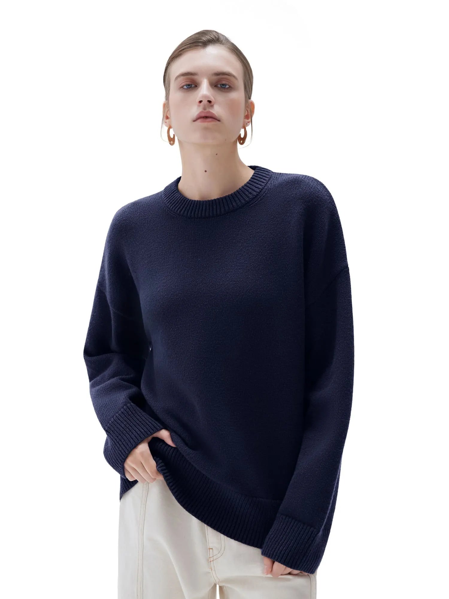 SUUKSESS Women Cashmere Oversized Long Sleeve Pullover Sweater Crew Neck Jumpers-SUUKSESS-Navy-XS-SUUKSESS