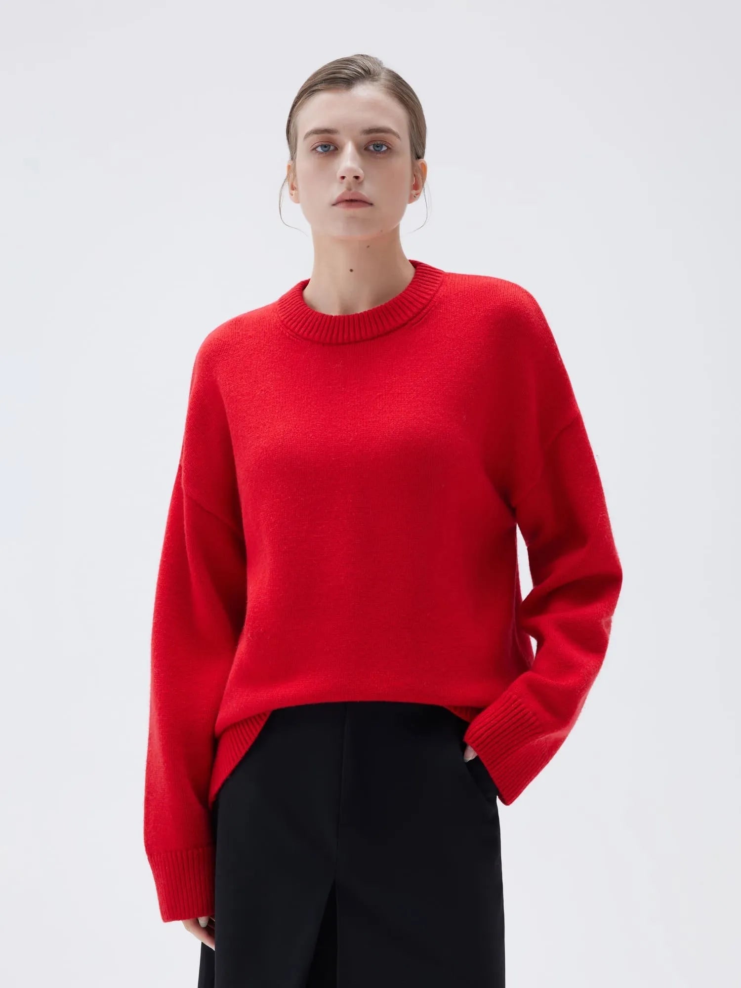SUUKSESS Women Cashmere Oversized Long Sleeve Pullover Sweater Crew Neck Jumpers-SUUKSESS-Red-XS-SUUKSESS