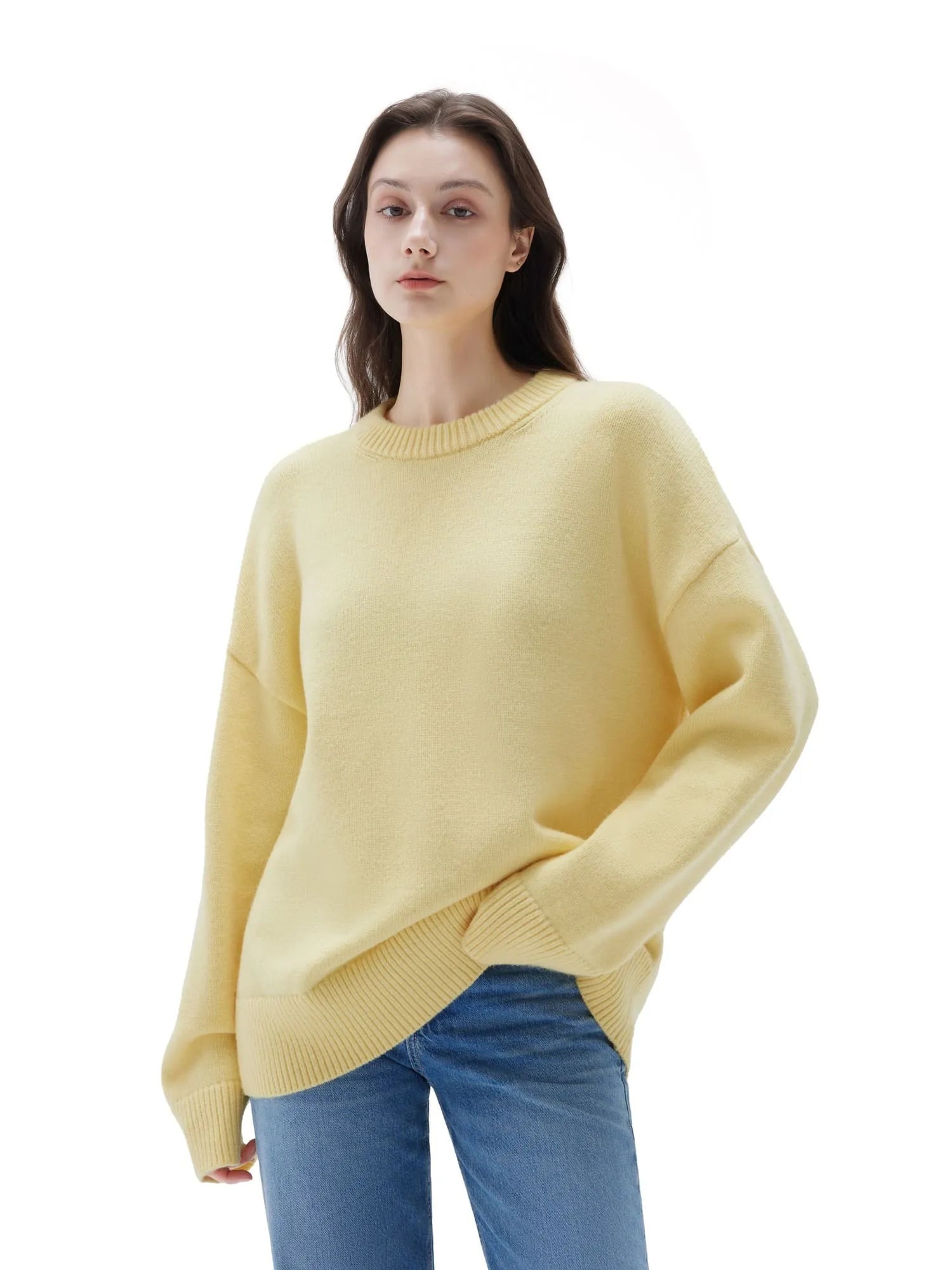 SUUKSESS Women Cashmere Oversized Long Sleeve Pullover Sweater Crew Neck Jumpers-SUUKSESS-Yellow-XS-SUUKSESS